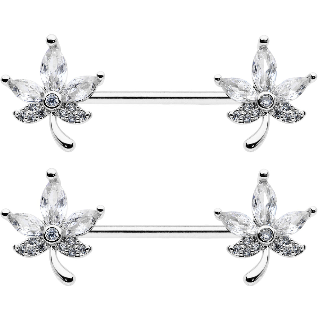 BodyCandy 14G 3/4 Clear CZ Gem Pot Leaf Barbell Nipple Ring Set — detail close-up