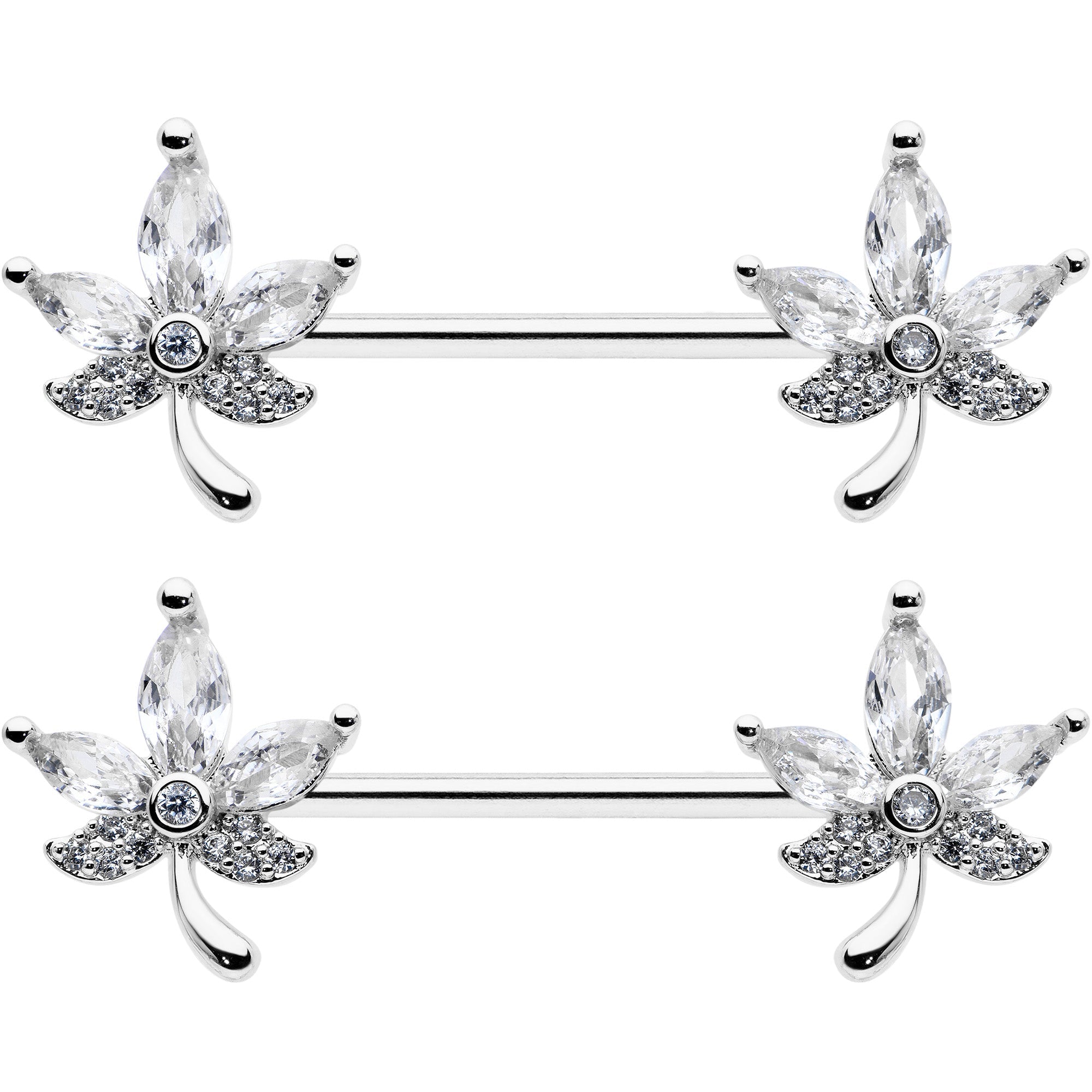 BodyCandy 14G 3/4 Clear CZ Gem Pot Leaf Barbell Nipple Ring Set — detail close-up