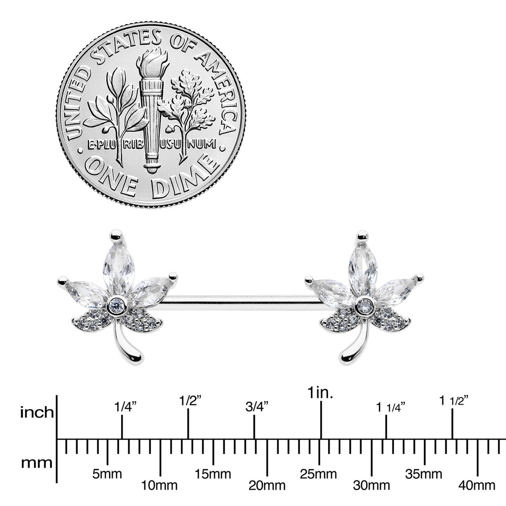 BodyCandy 14G 3/4 Clear CZ Gem Pot Leaf Barbell Nipple Ring Set — lifestyle context