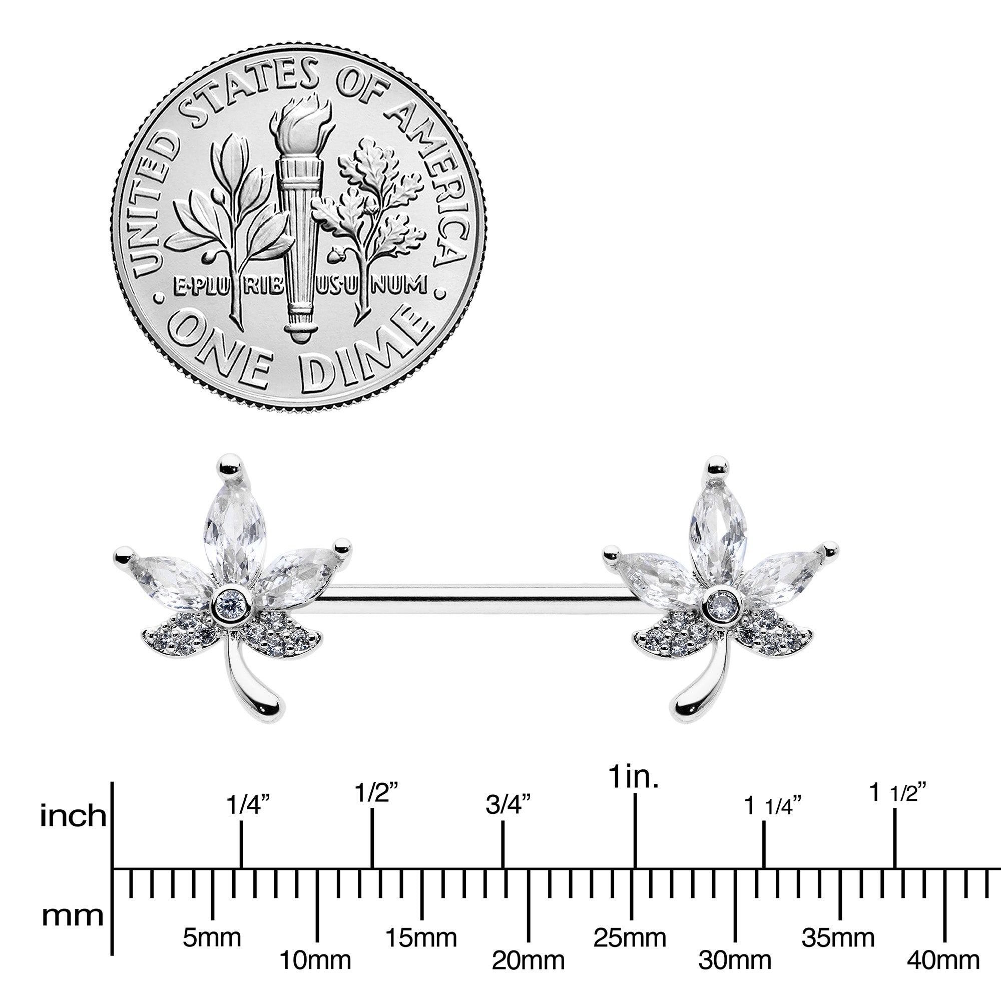 BodyCandy 14G 3/4 Clear CZ Gem Pot Leaf Barbell Nipple Ring Set — lifestyle context