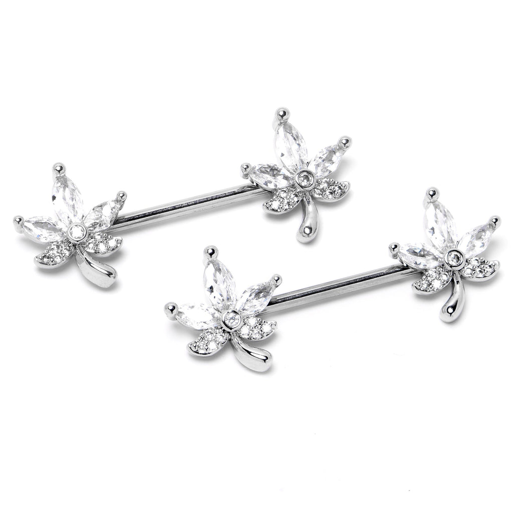 BodyCandy 14G 3/4 Clear CZ Gem Pot Leaf Barbell Nipple Ring Set — side view