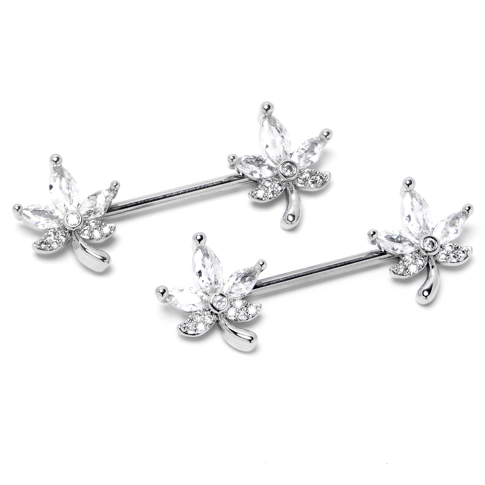 BodyCandy 14G 3/4 Clear CZ Gem Pot Leaf Barbell Nipple Ring Set — side view