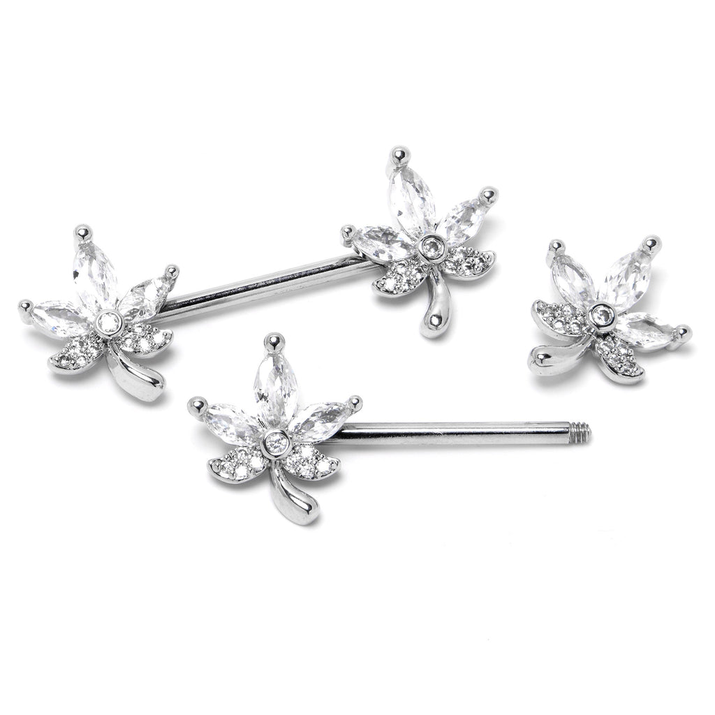 BodyCandy 14G 3/4 Clear CZ Gem Pot Leaf Barbell Nipple Ring Set — back view