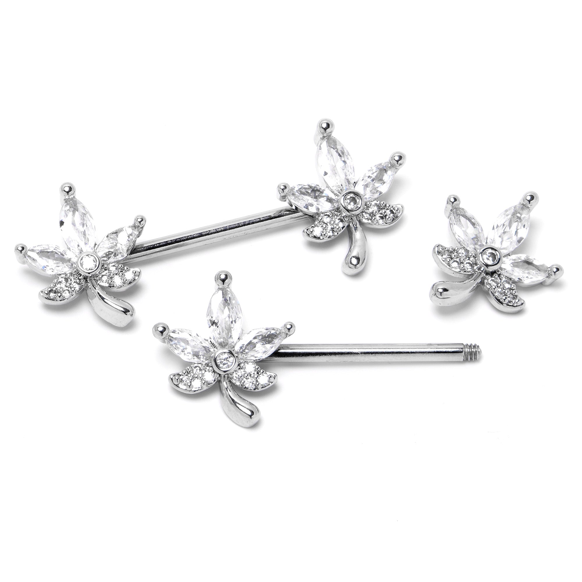 BodyCandy 14G 3/4 Clear CZ Gem Pot Leaf Barbell Nipple Ring Set — back view