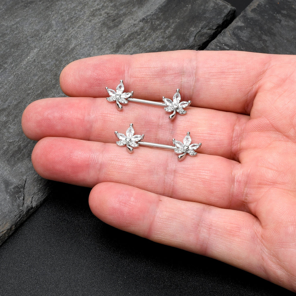 BodyCandy 14G 3/4 Clear CZ Gem Pot Leaf Barbell Nipple Ring Set — in-use photo