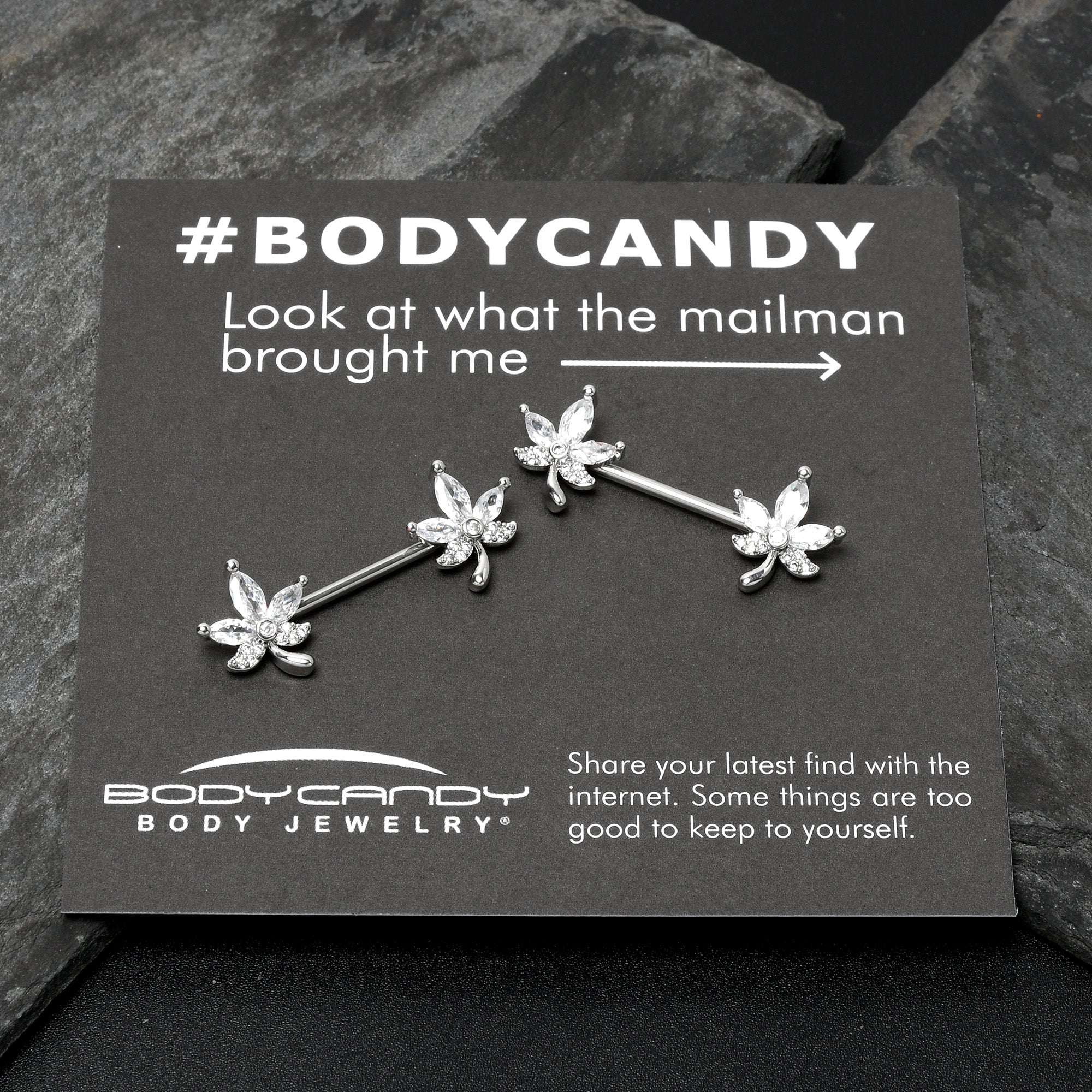 BodyCandy 14G 3/4 Clear CZ Gem Pot Leaf Barbell Nipple Ring Set — size reference