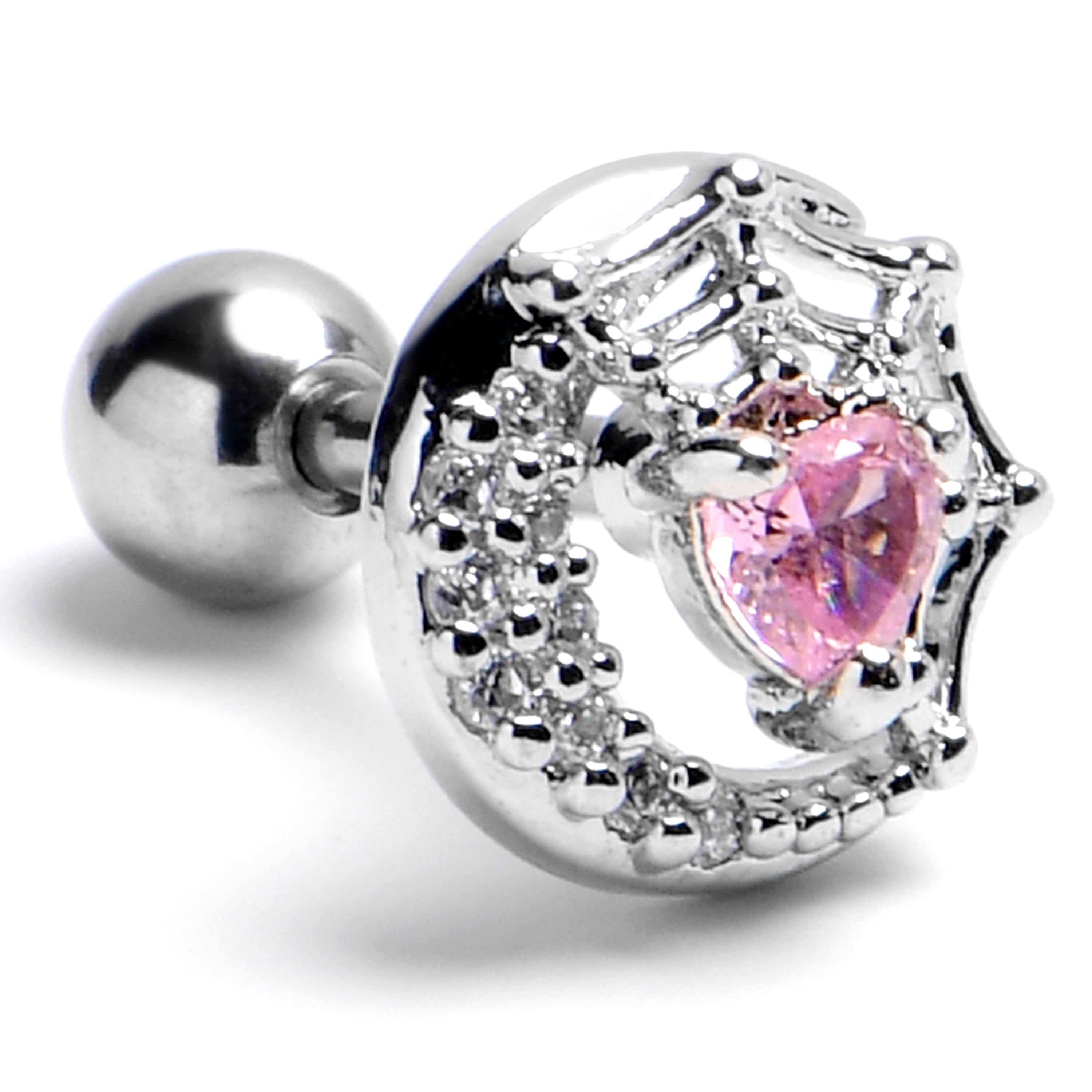 BodyCandy 16G 1/4 Pink Gem Heart Moon Web Cartilage Tragus Earring — main product shot