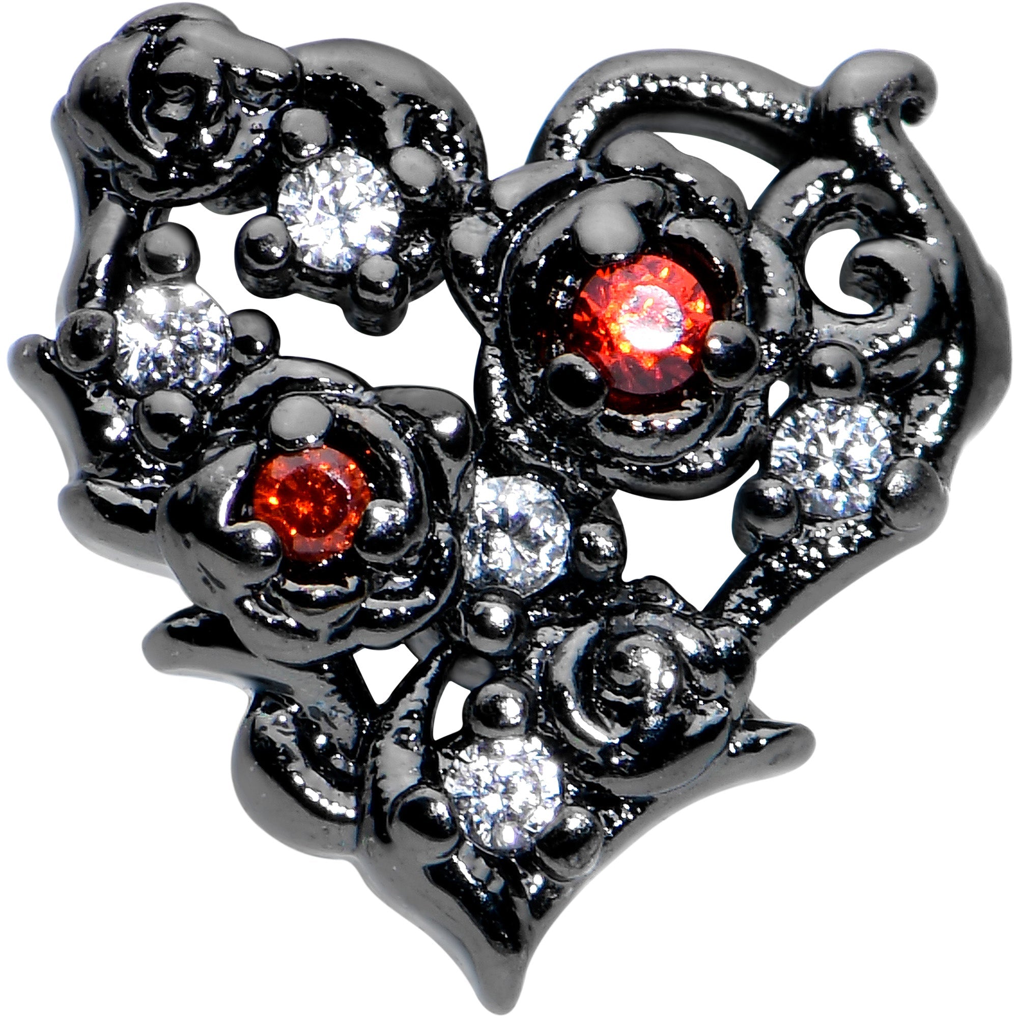 BodyCandy 16G 5/16 Red Clear CZ Gem Black Floral Heart Labret Monroe Tragus — detail close-up