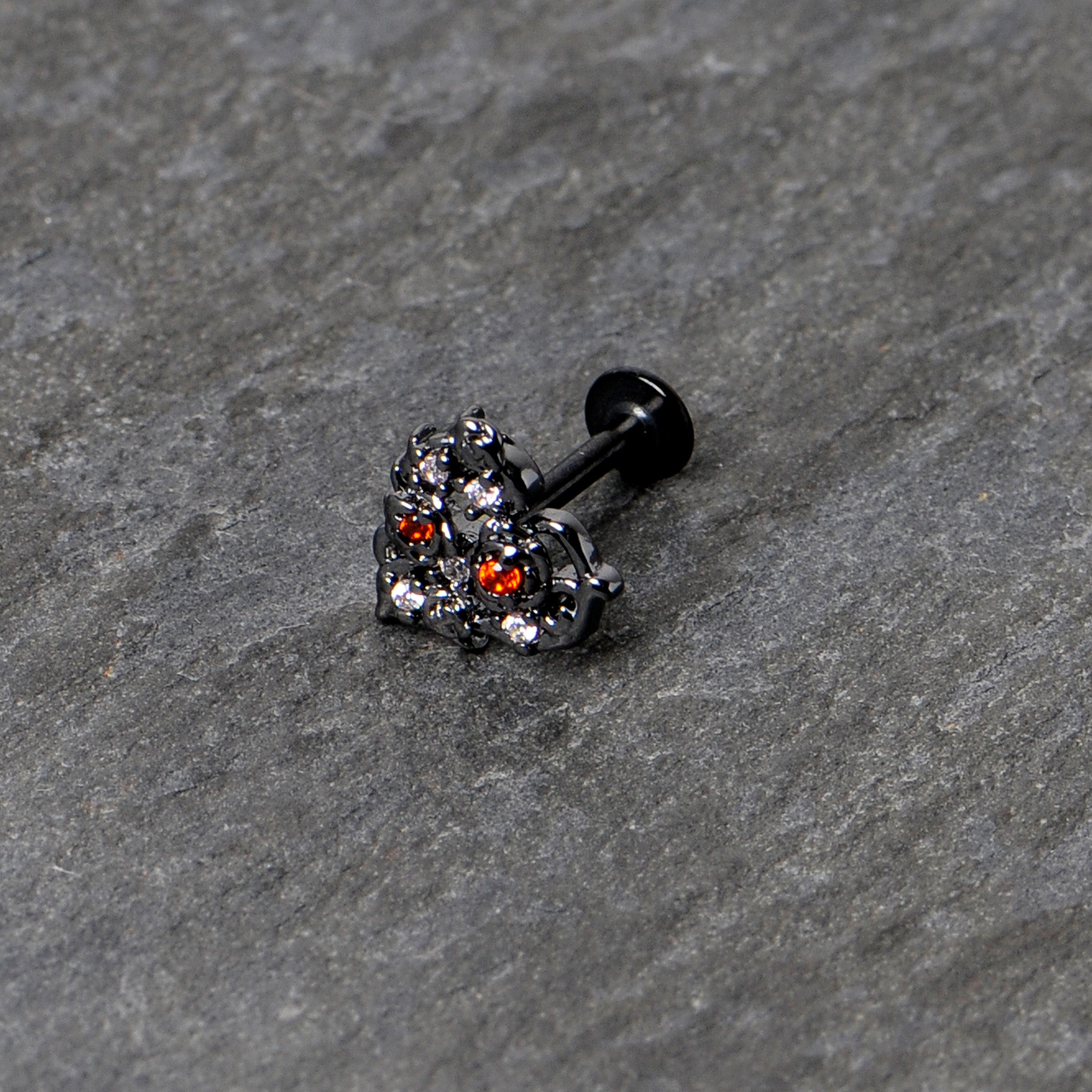 BodyCandy 16G 5/16 Red Clear CZ Gem Black Floral Heart Labret Monroe Tragus — in-use photo