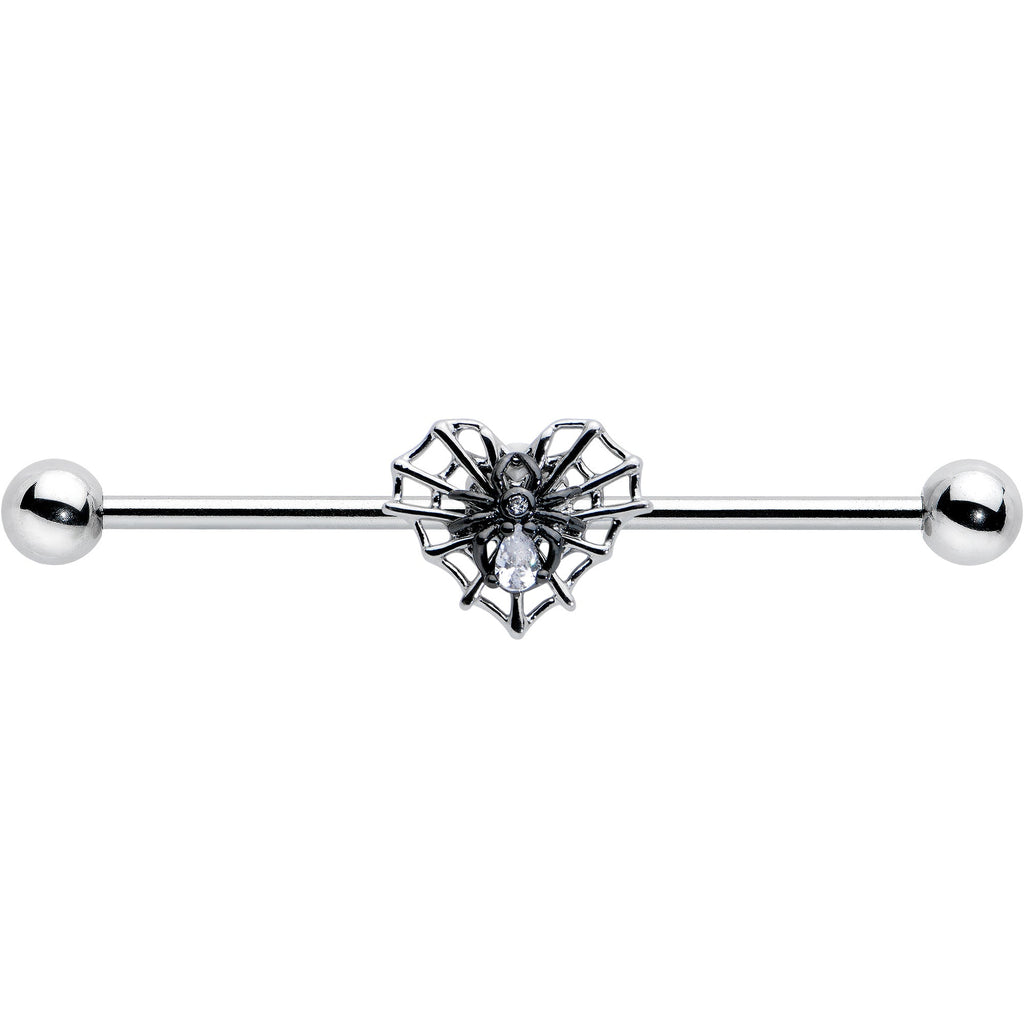 BodyCandy 14G Clear CZ Gem Heart of Spider Industrial Barbell 38mm — detail close-up
