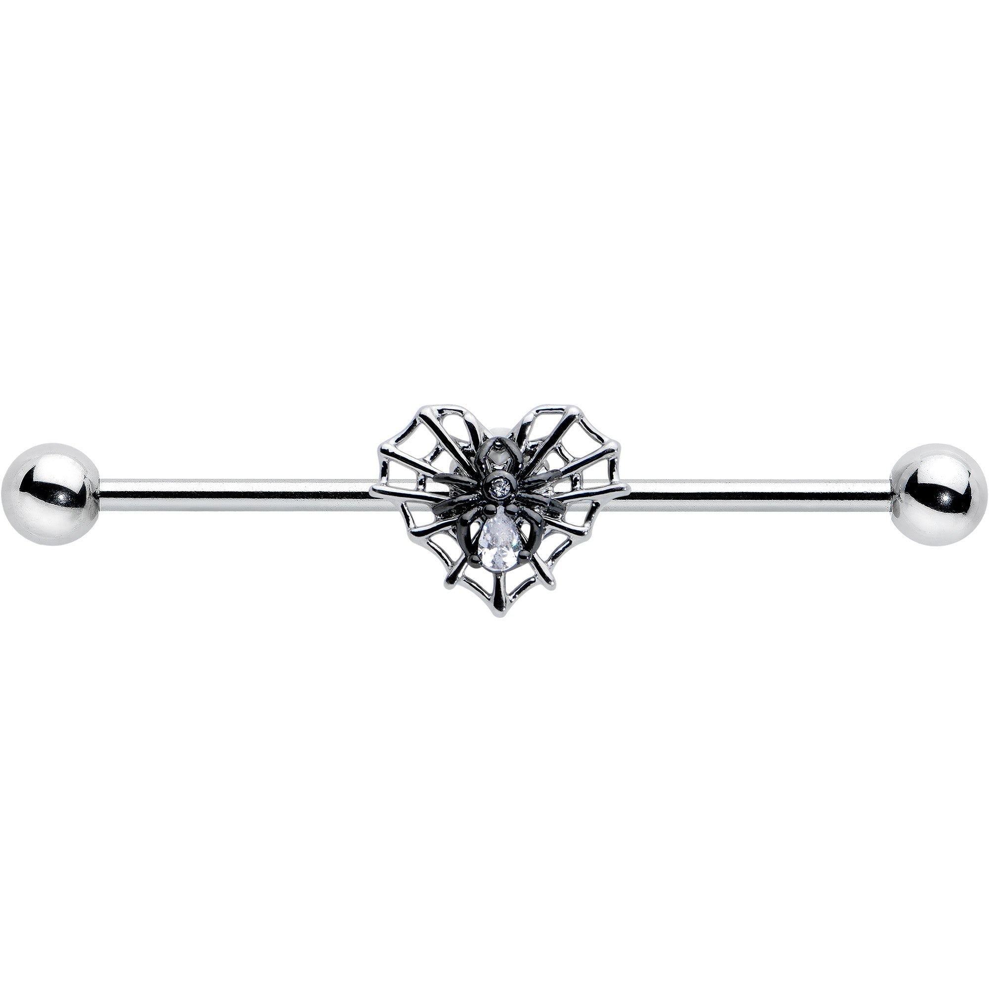 BodyCandy 14G Clear CZ Gem Heart of Spider Industrial Barbell 38mm — detail close-up
