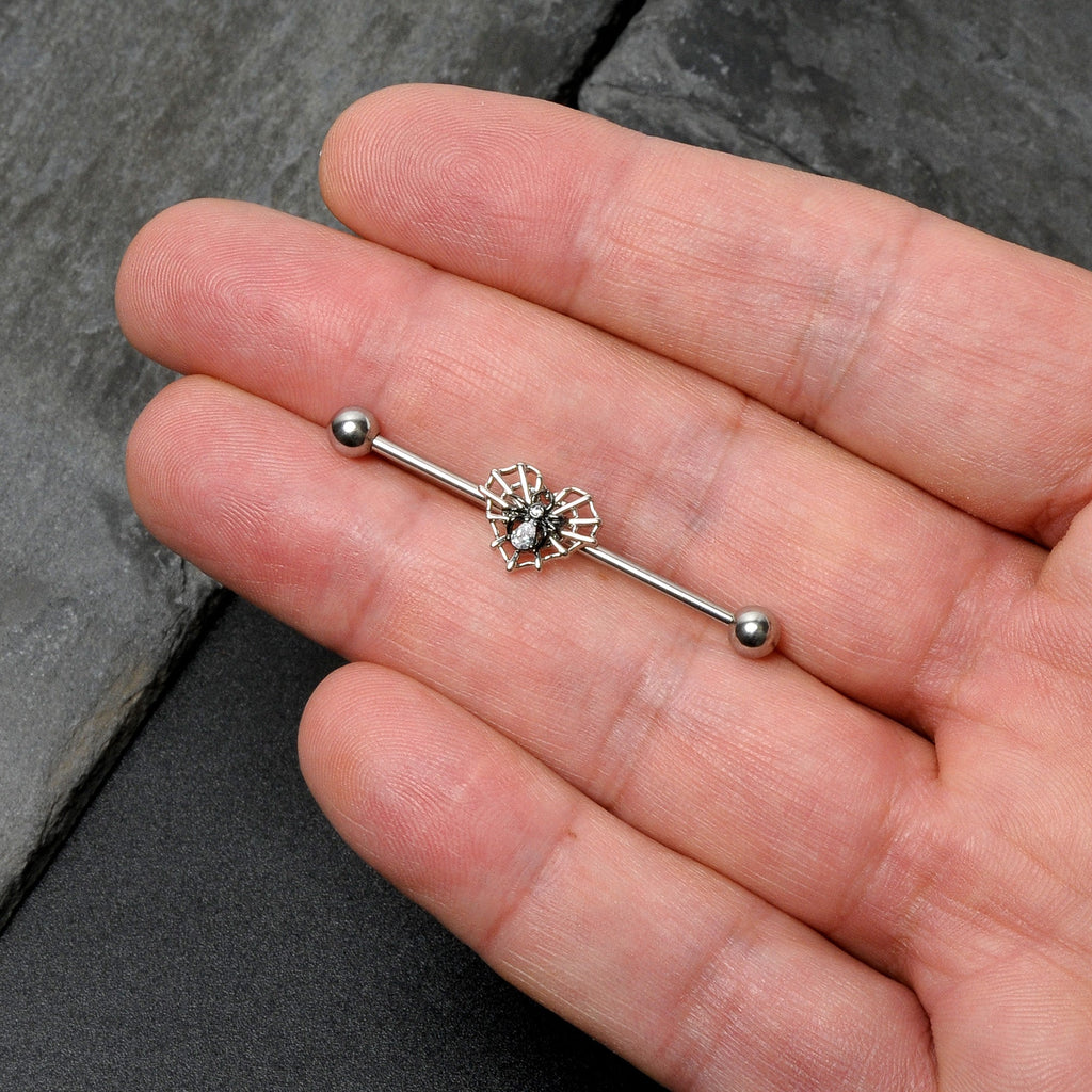BodyCandy 14G Clear CZ Gem Heart of Spider Industrial Barbell 38mm — in-use photo