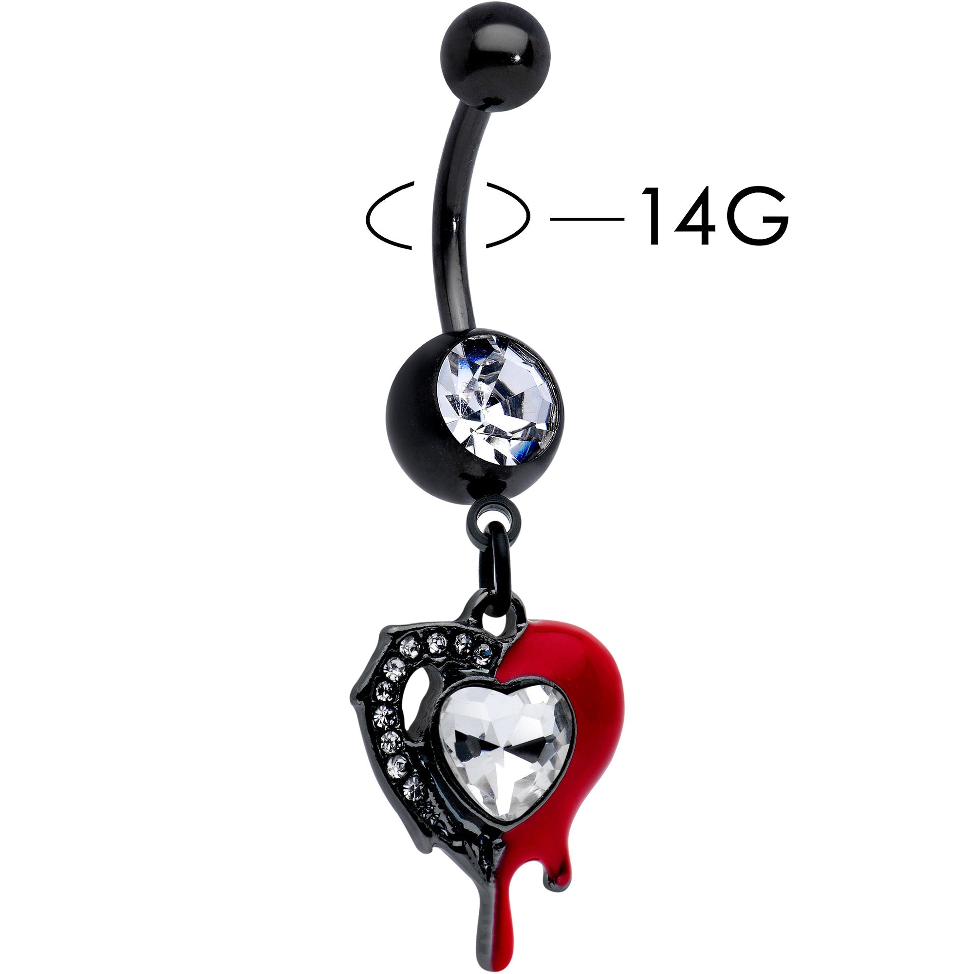 BodyCandy Clear Gem Black Bleeding Heart Dangle Belly Ring — detail close-up