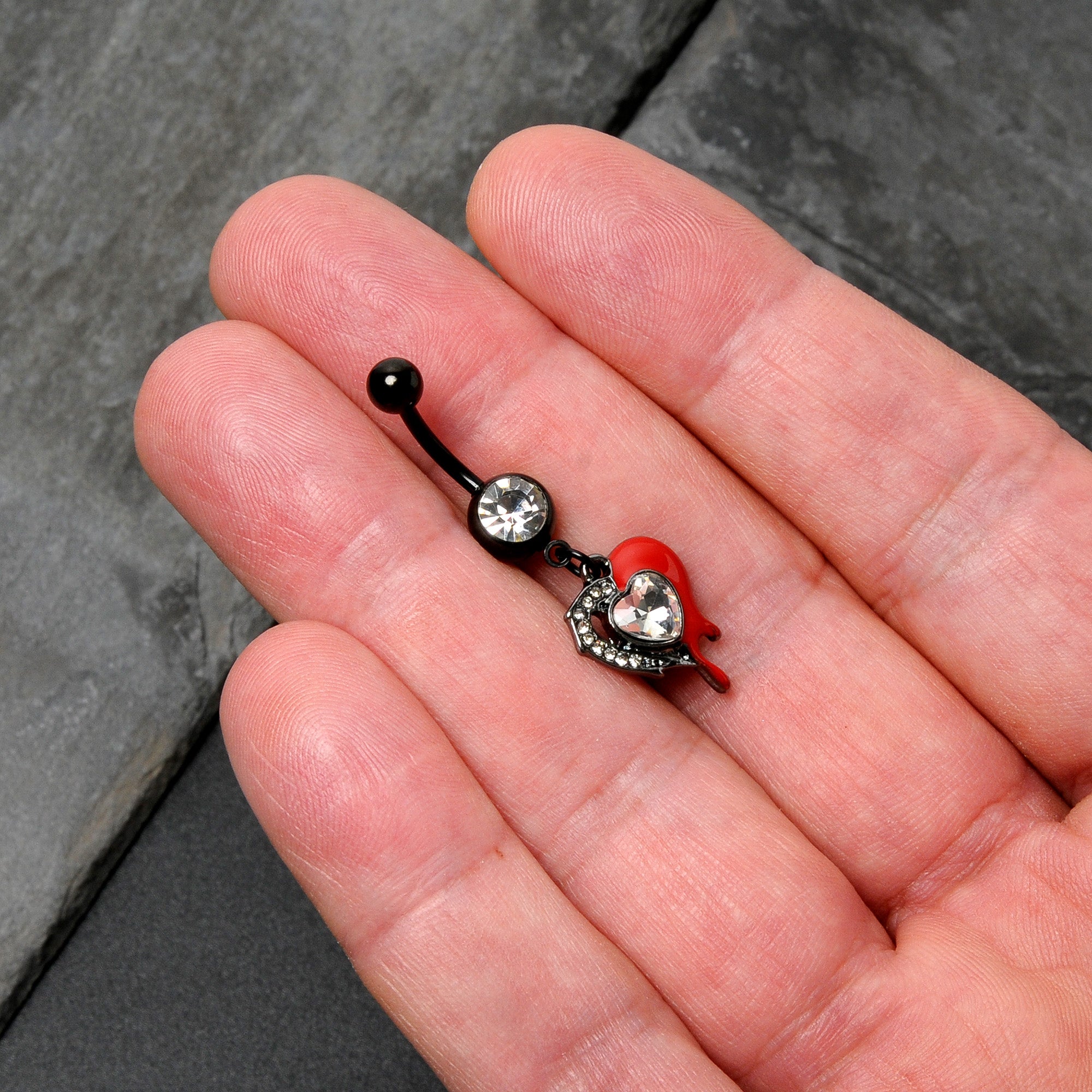 BodyCandy Clear Gem Black Bleeding Heart Dangle Belly Ring — in-use photo
