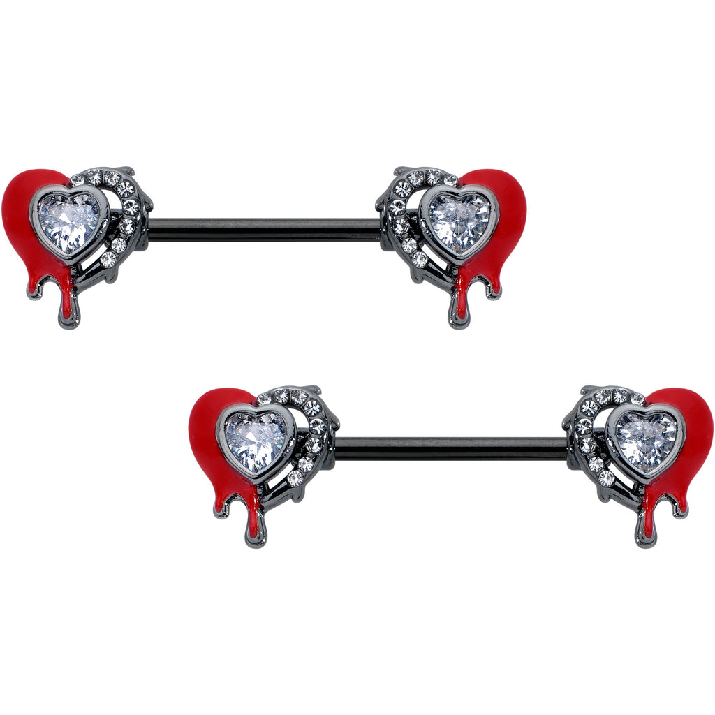 BodyCandy 14G 9/16 Clear Gem Black Bleeding Heart Barbell Nipple Ring Set — main product shot