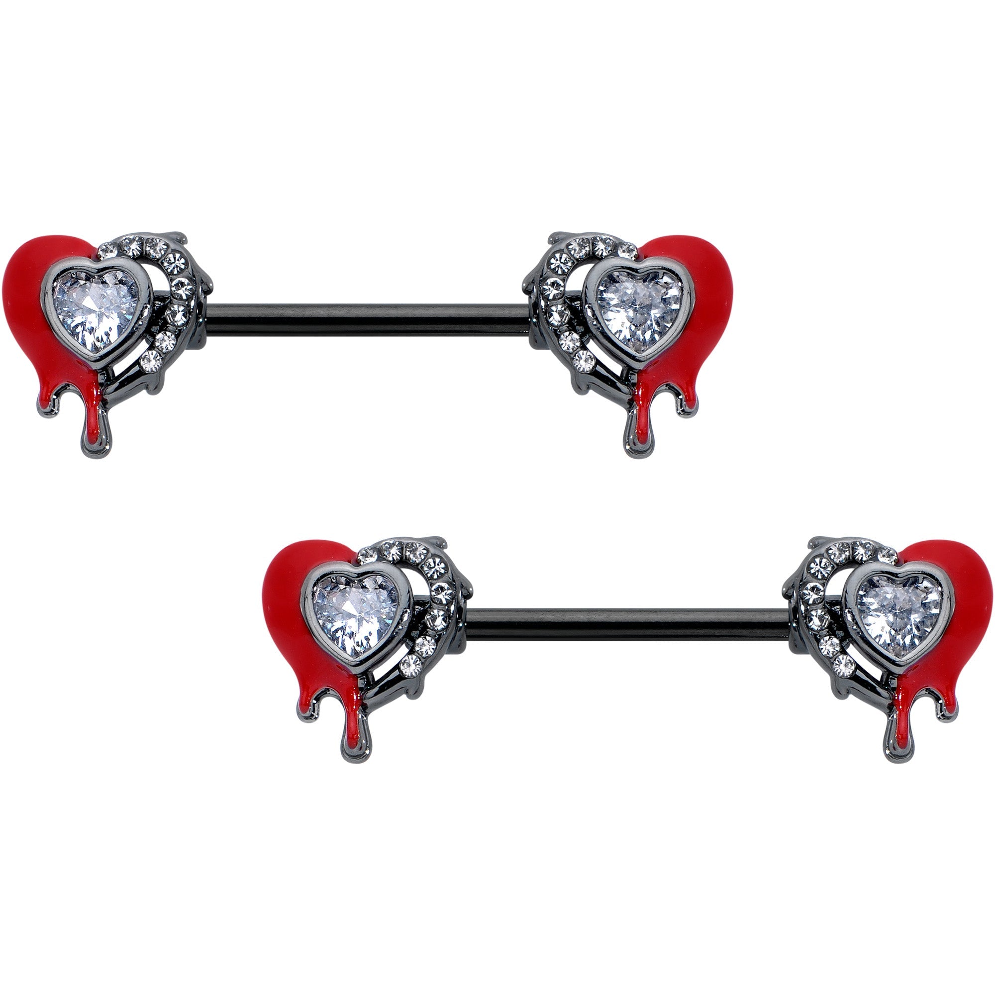 BodyCandy 14G 9/16 Clear Gem Black Bleeding Heart Barbell Nipple Ring Set — main product shot