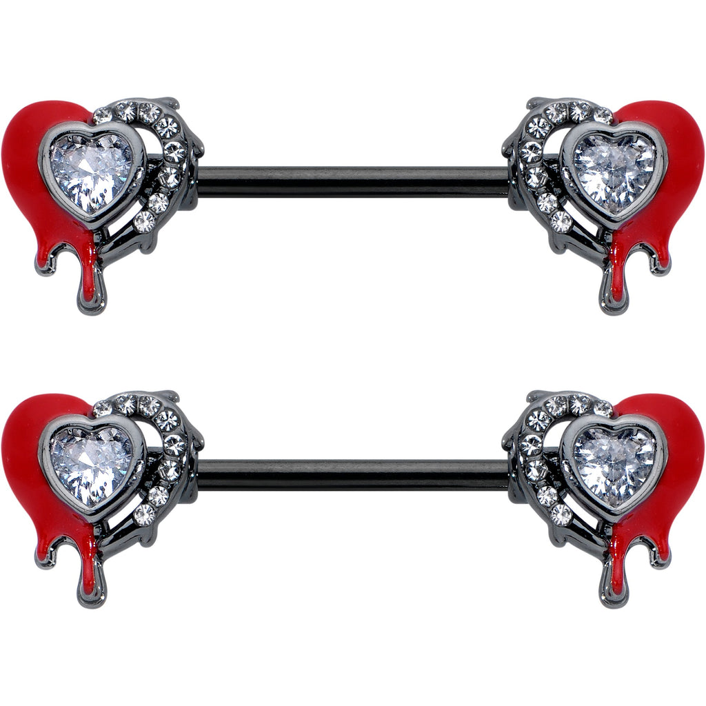 BodyCandy 14G 9/16 Clear Gem Black Bleeding Heart Barbell Nipple Ring Set — detail close-up