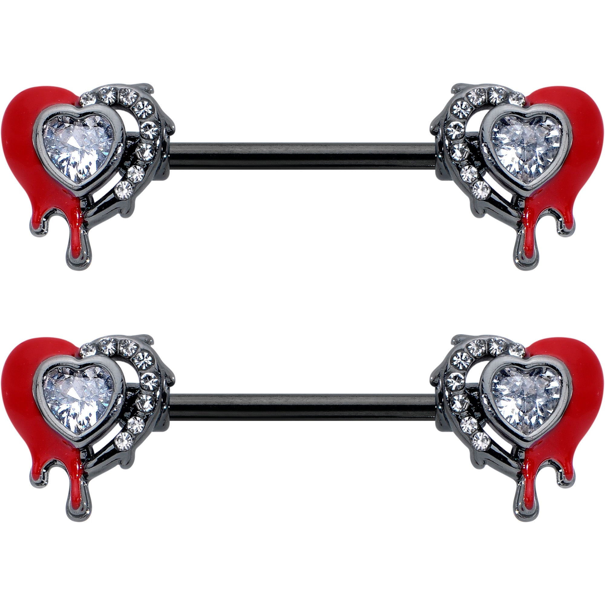 BodyCandy 14G 9/16 Clear Gem Black Bleeding Heart Barbell Nipple Ring Set — detail close-up