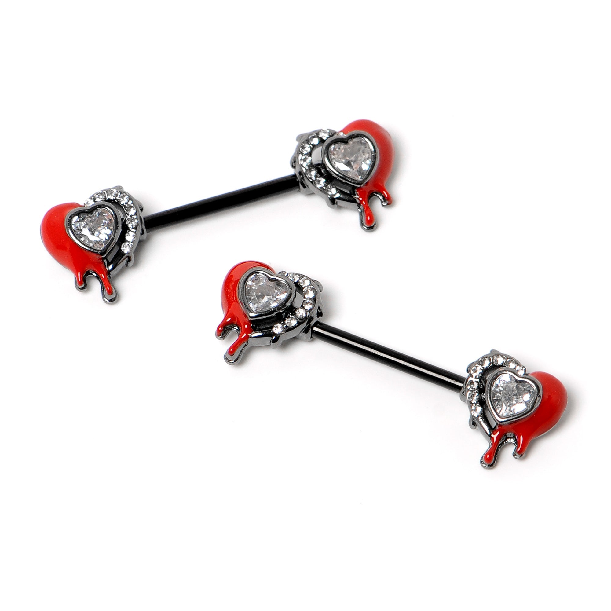 BodyCandy 14G 9/16 Clear Gem Black Bleeding Heart Barbell Nipple Ring Set — side view