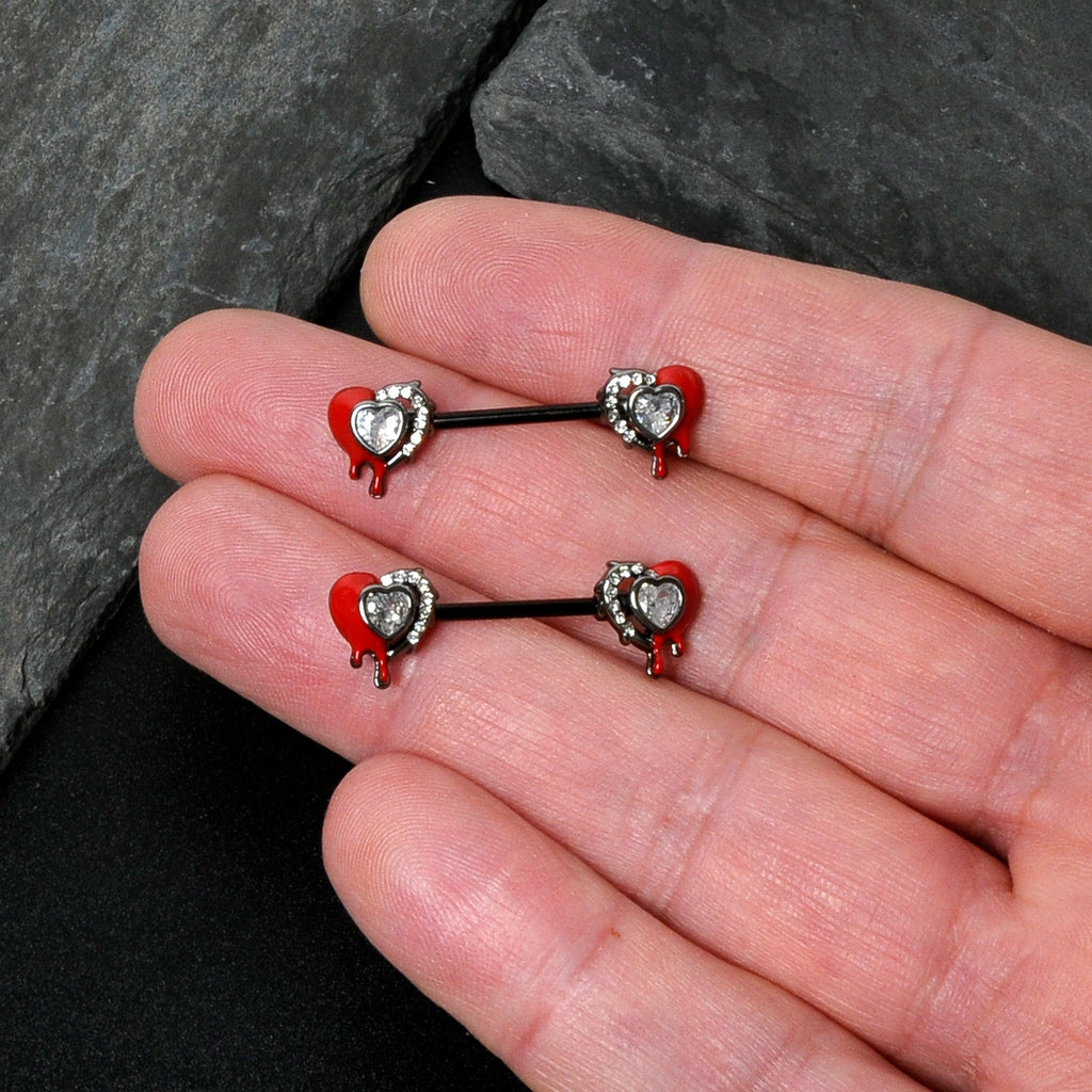 BodyCandy 14G 9/16 Clear Gem Black Bleeding Heart Barbell Nipple Ring Set — in-use photo