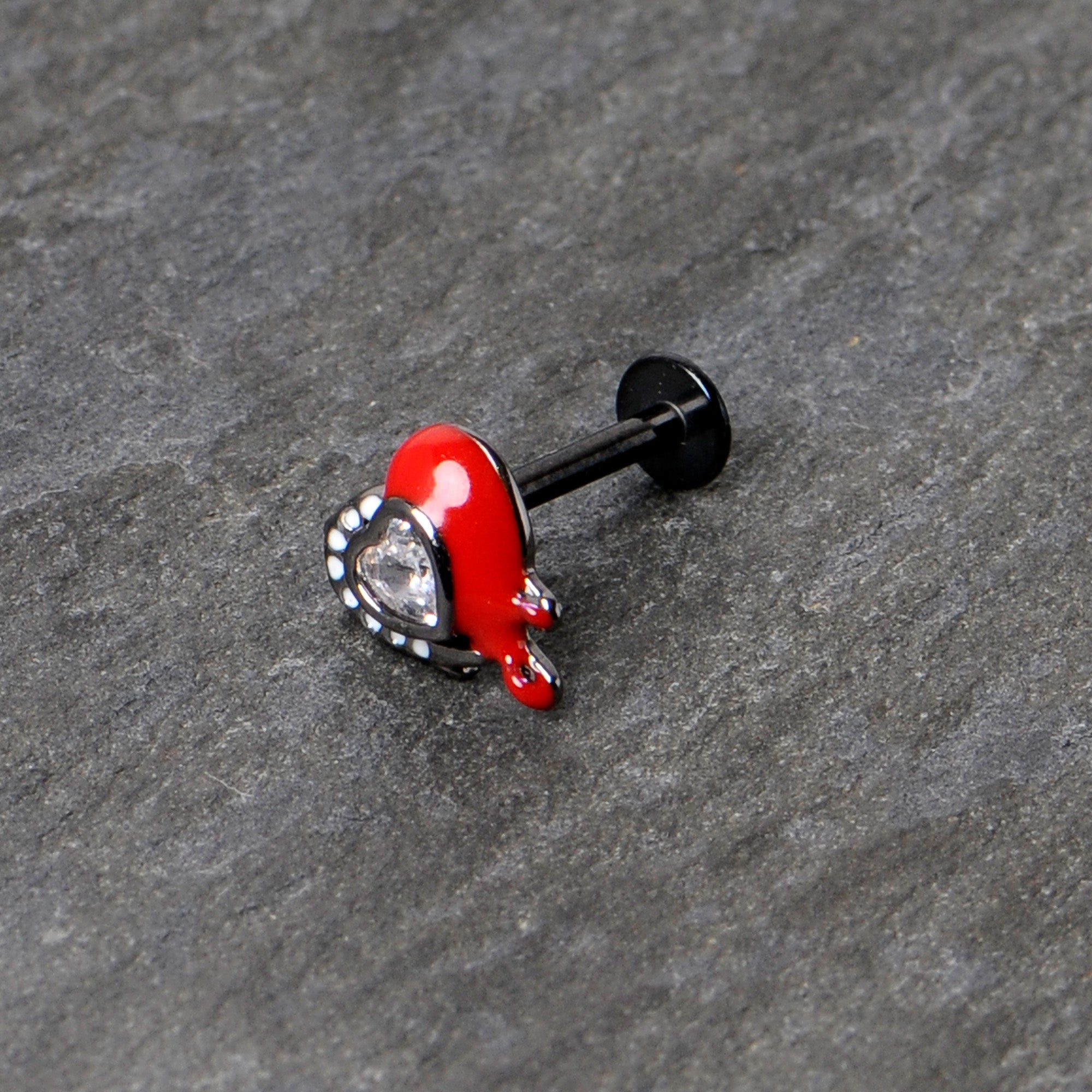 BodyCandy 16G 5/16 Clear Gem Black Bleeding Heart Labret Monroe Tragus — in-use photo