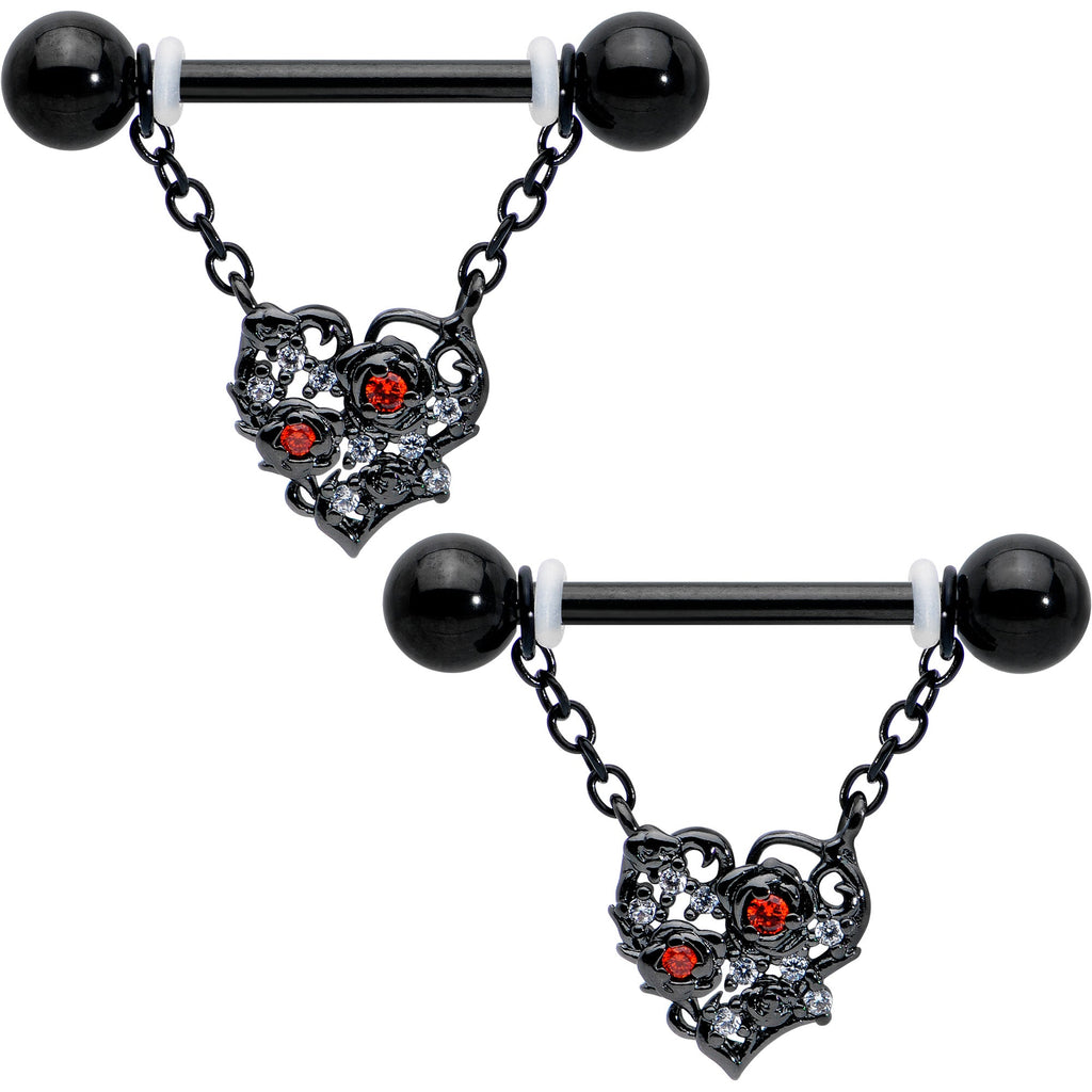 BodyCandy 14G 9/16 Red CZ Gem Black Floral Heart Chain Dangle Nipple Ring Set — main product shot