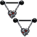 BodyCandy 14G 9/16 Red CZ Gem Black Floral Heart Chain Dangle Nipple Ring Set — main product shot