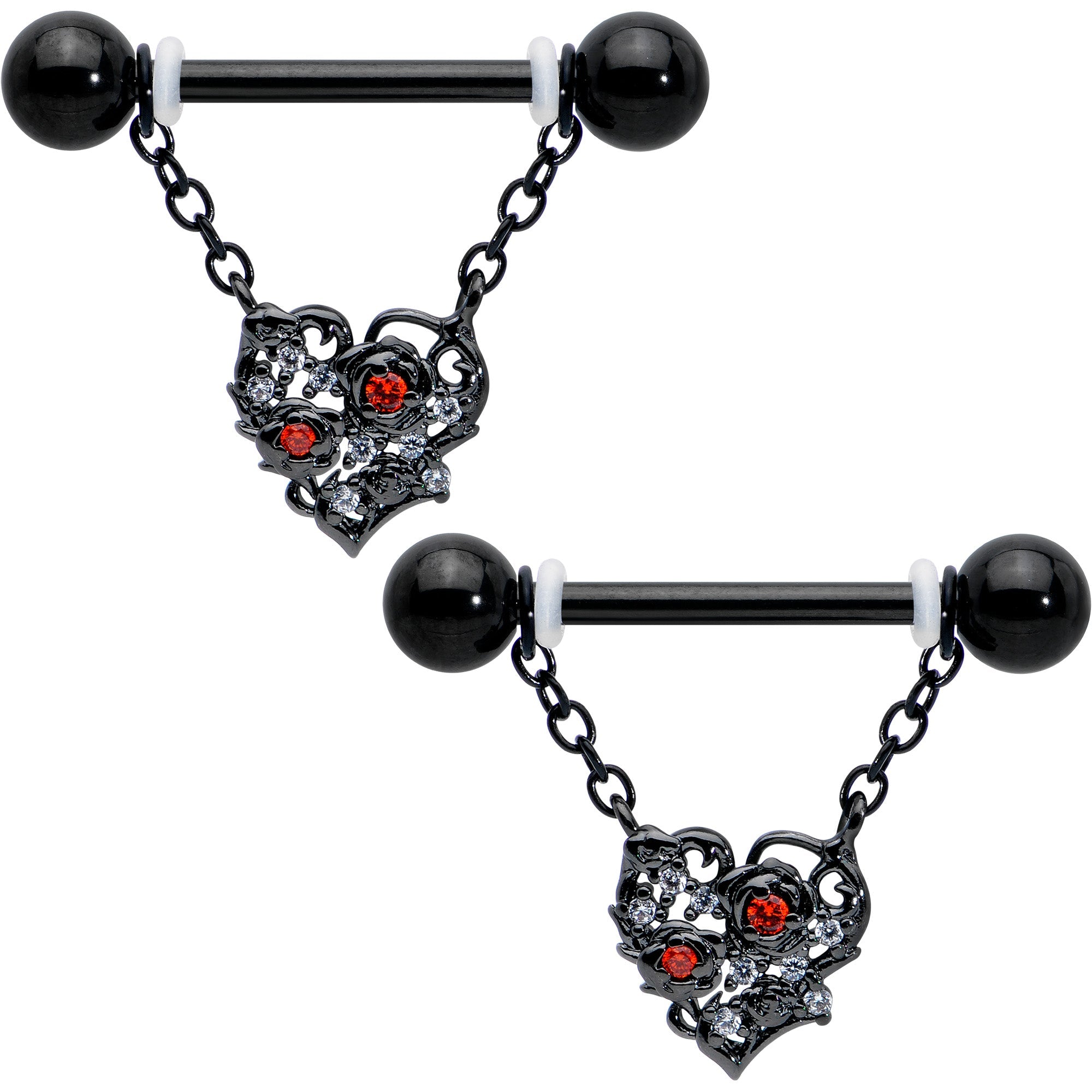 BodyCandy 14G 9/16 Red CZ Gem Black Floral Heart Chain Dangle Nipple Ring Set — main product shot