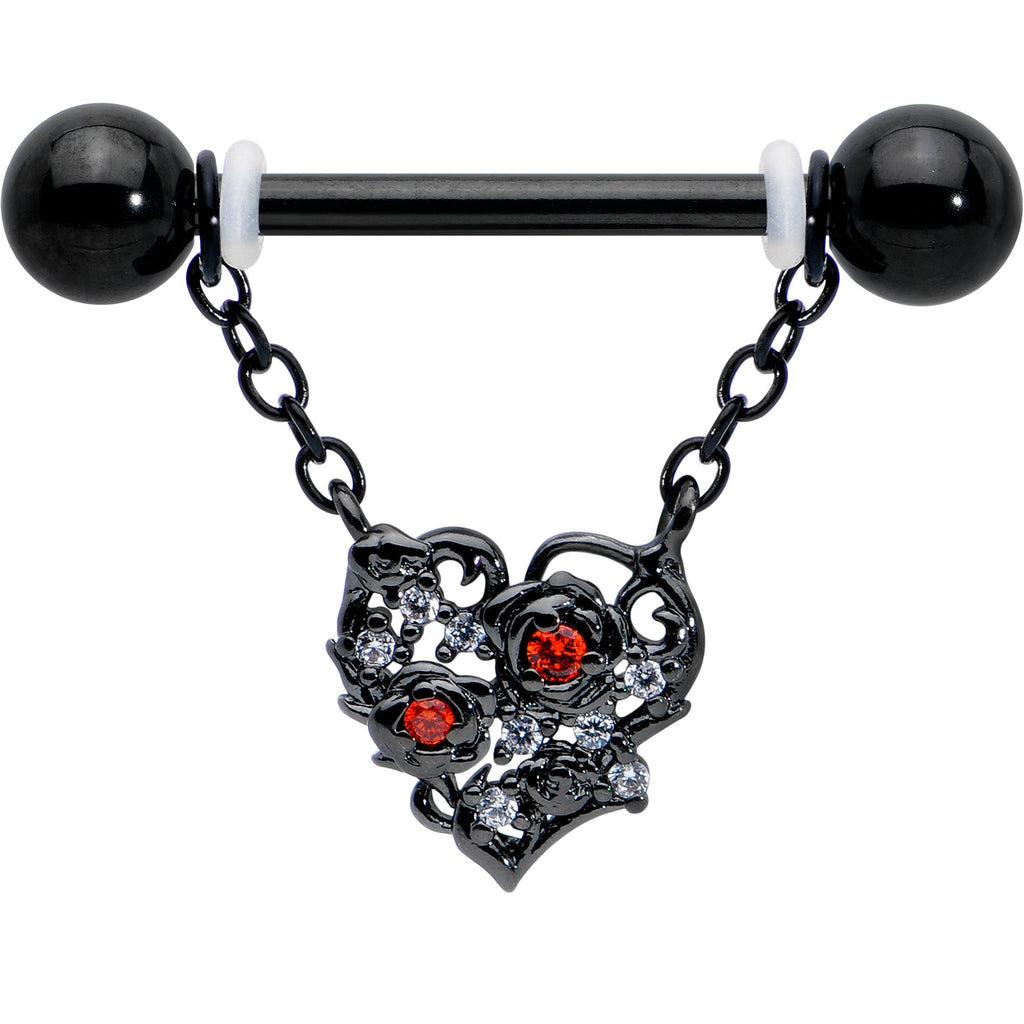 BodyCandy 14G 9/16 Red CZ Gem Black Floral Heart Chain Dangle Nipple Ring Set — detail close-up