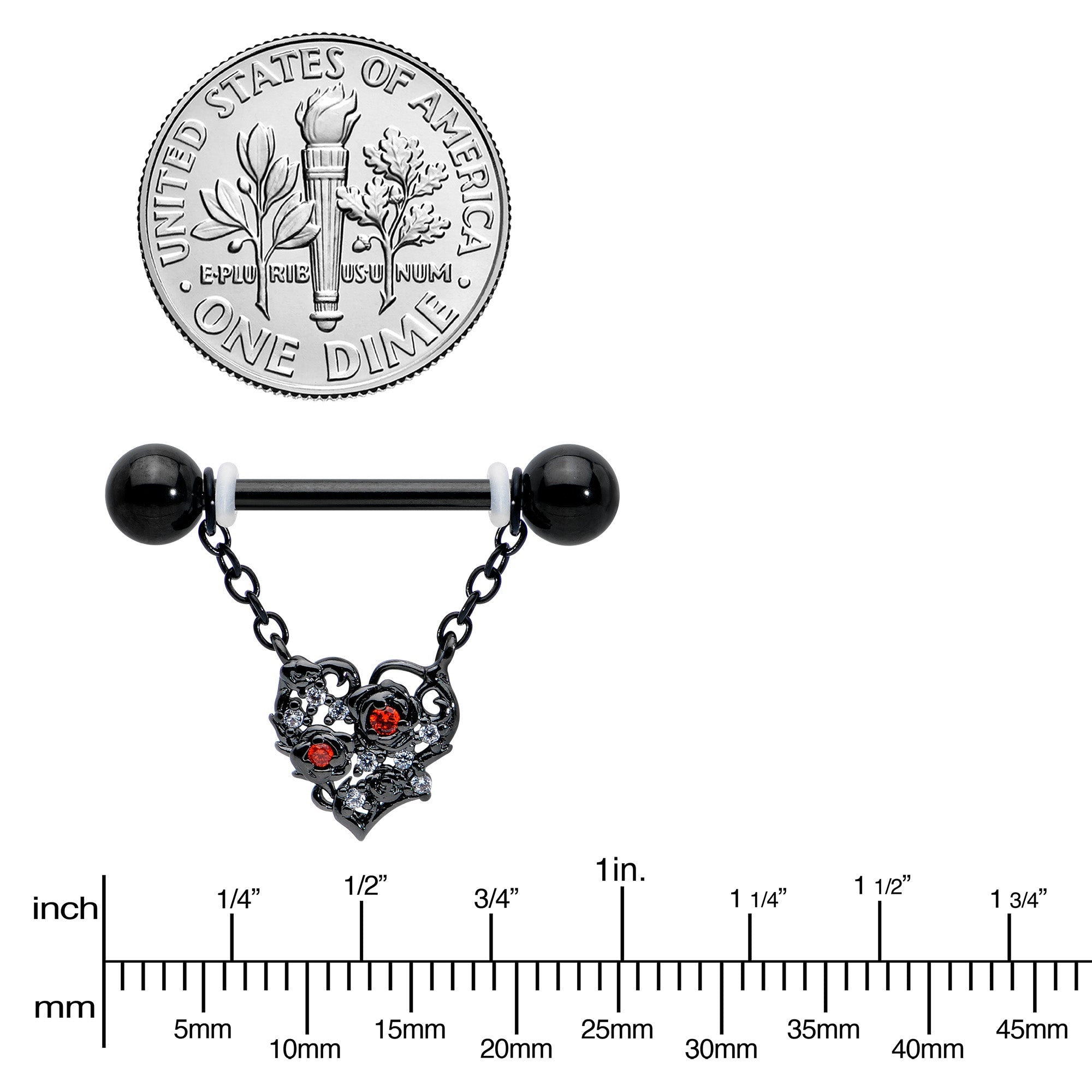 BodyCandy 14G 9/16 Red CZ Gem Black Floral Heart Chain Dangle Nipple Ring Set — lifestyle context