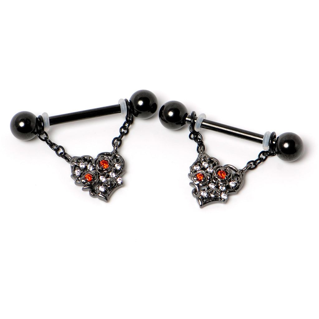 BodyCandy 14G 9/16 Red CZ Gem Black Floral Heart Chain Dangle Nipple Ring Set — side view