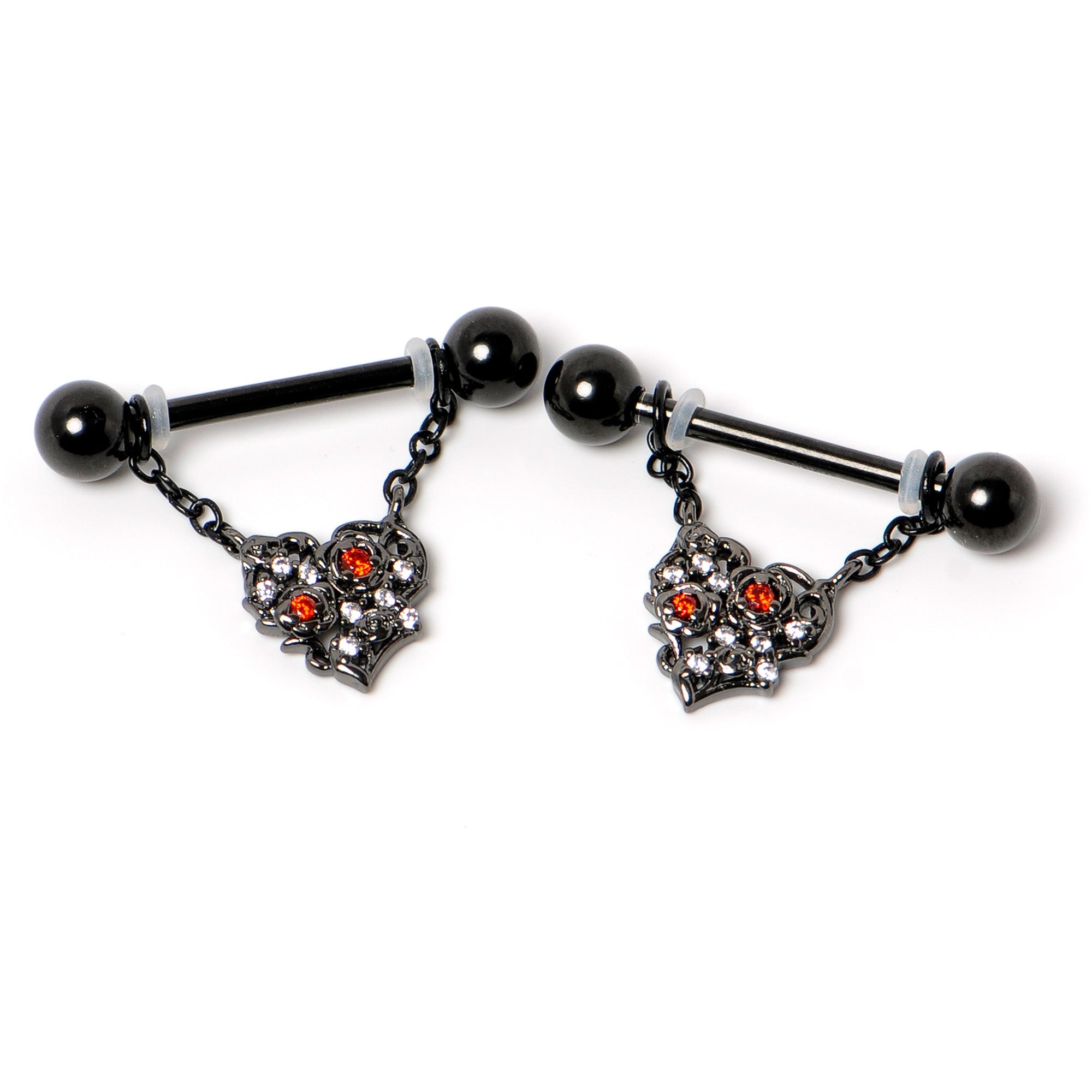 BodyCandy 14G 9/16 Red CZ Gem Black Floral Heart Chain Dangle Nipple Ring Set — side view