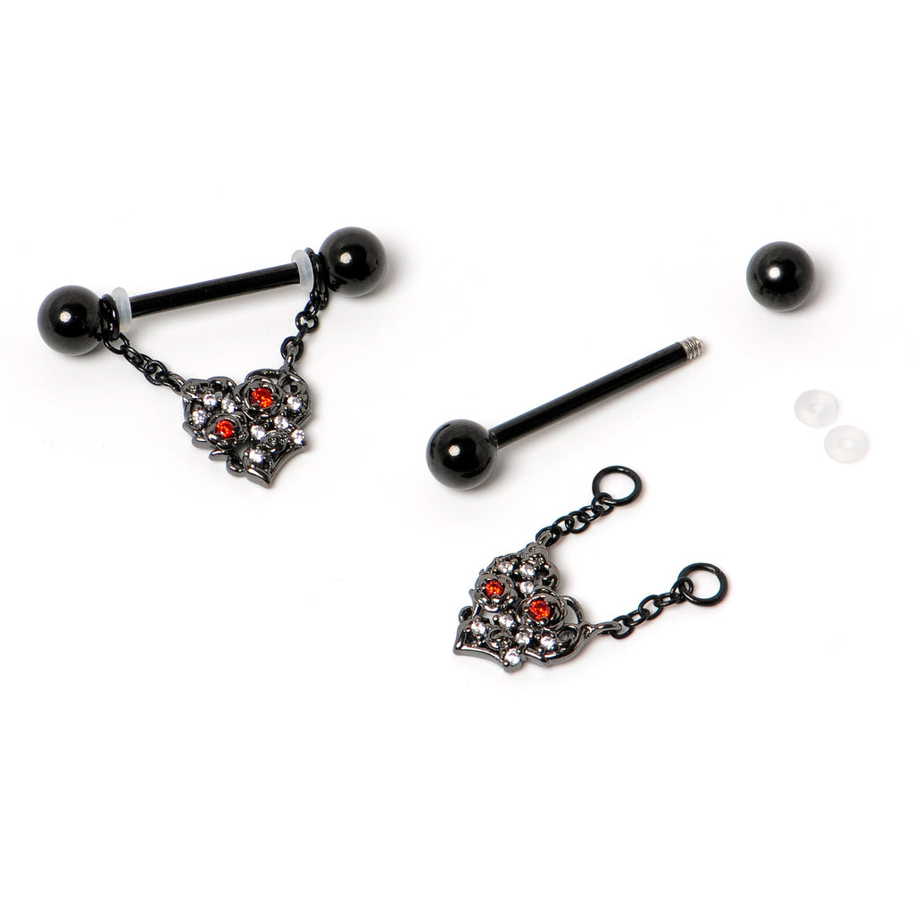 BodyCandy 14G 9/16 Red CZ Gem Black Floral Heart Chain Dangle Nipple Ring Set — back view