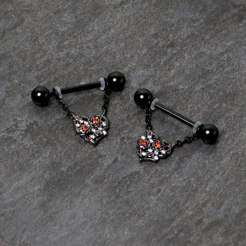 BodyCandy 14G 9/16 Red CZ Gem Black Floral Heart Chain Dangle Nipple Ring Set — alternative angle