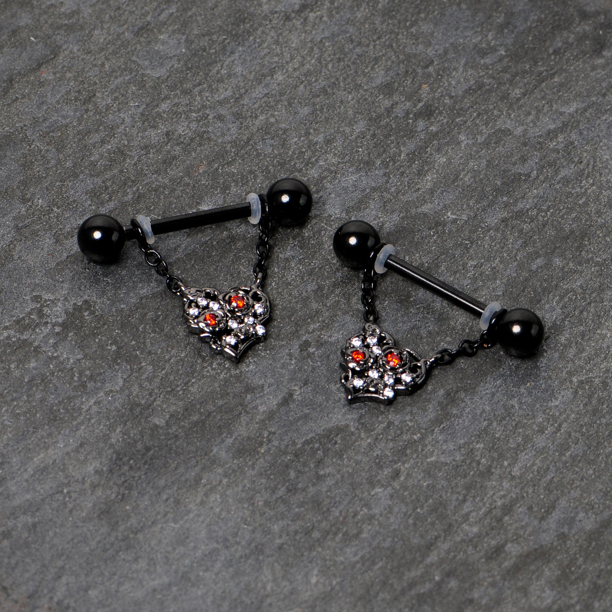 BodyCandy 14G 9/16 Red CZ Gem Black Floral Heart Chain Dangle Nipple Ring Set — alternative angle