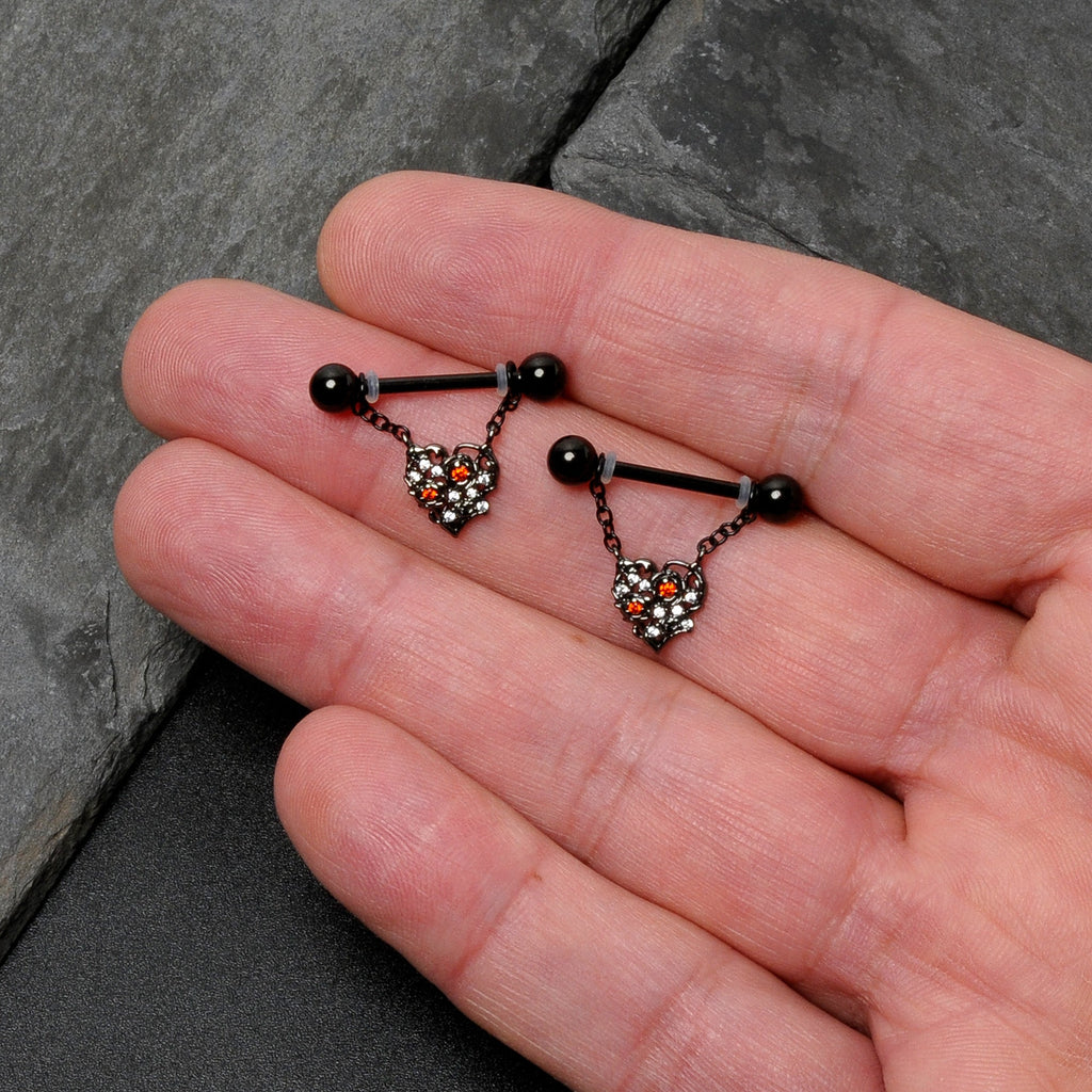 BodyCandy 14G 9/16 Red CZ Gem Black Floral Heart Chain Dangle Nipple Ring Set — in-use photo