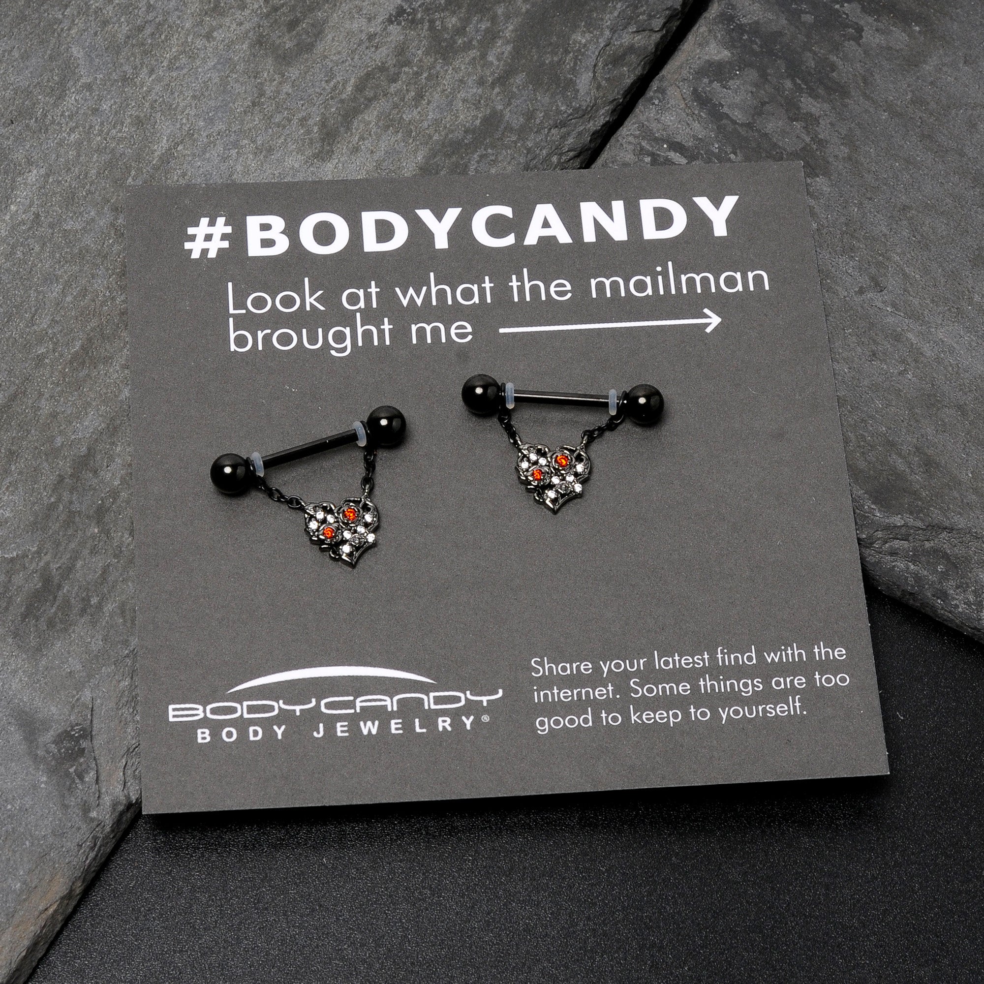 BodyCandy 14G 9/16 Red CZ Gem Black Floral Heart Chain Dangle Nipple Ring Set — size reference