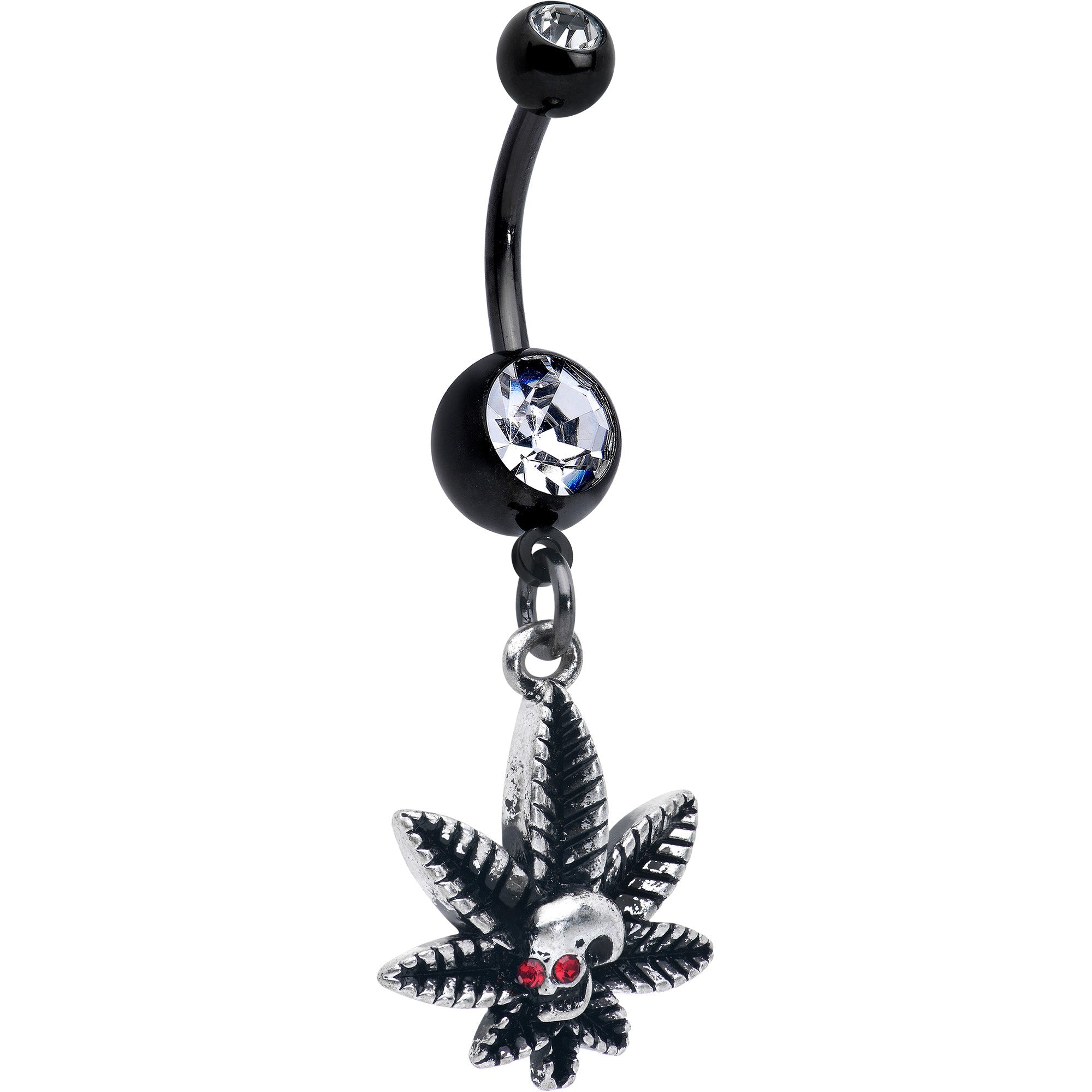 BodyCandy Clear Red Gem Black Pot Leaf Skull Dangle Belly Ring — main product shot