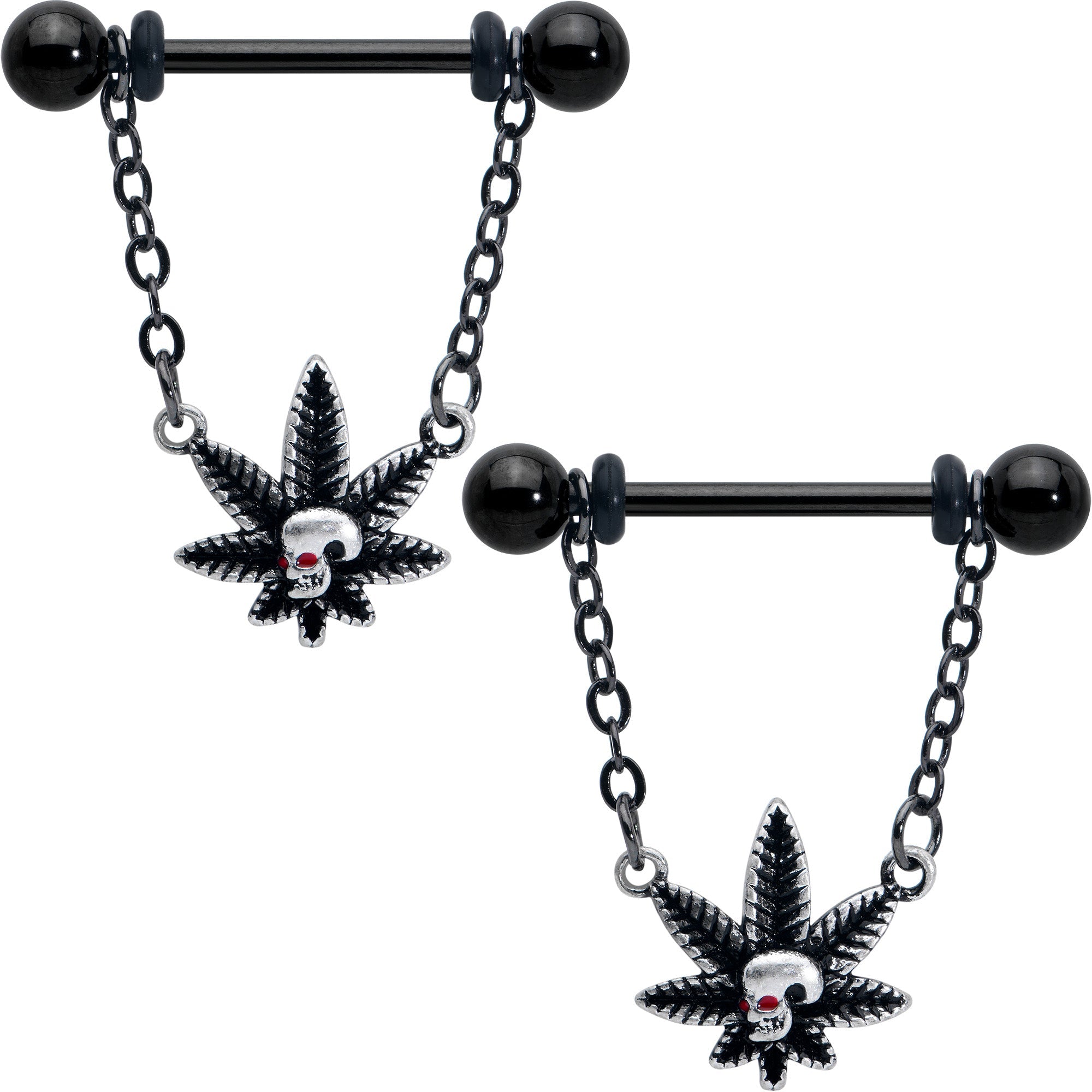 BodyCandy 14G 9/16 Red Gem Black Pot Leaf Skull Chain Dangle Nipple Ring Set — main product shot