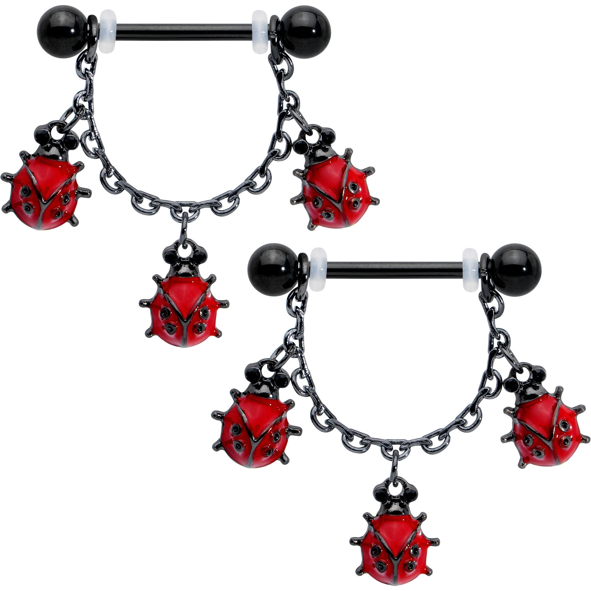 BodyCandy 14G 9/16 Black Classic Ladybug Dangle Nipple Ring Set — main product shot