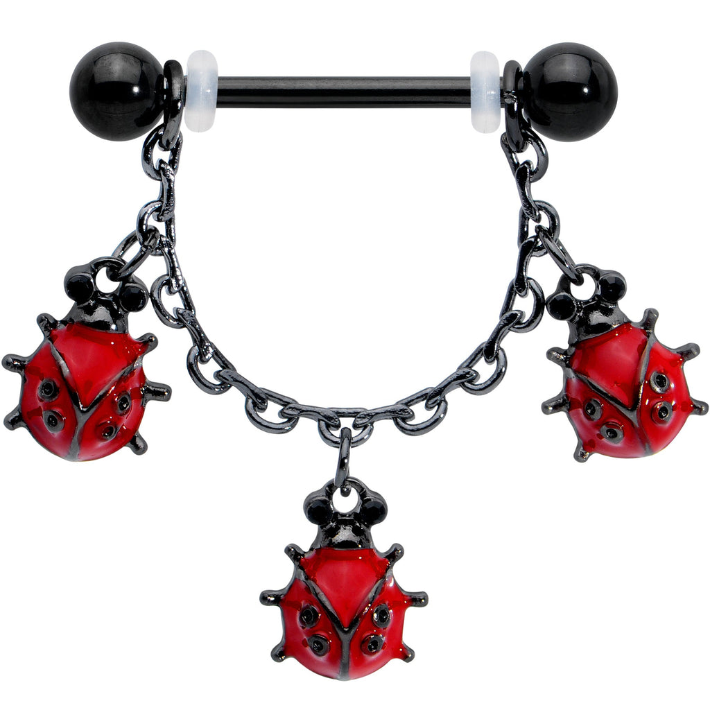 BodyCandy 14G 9/16 Black Classic Ladybug Dangle Nipple Ring Set — detail close-up