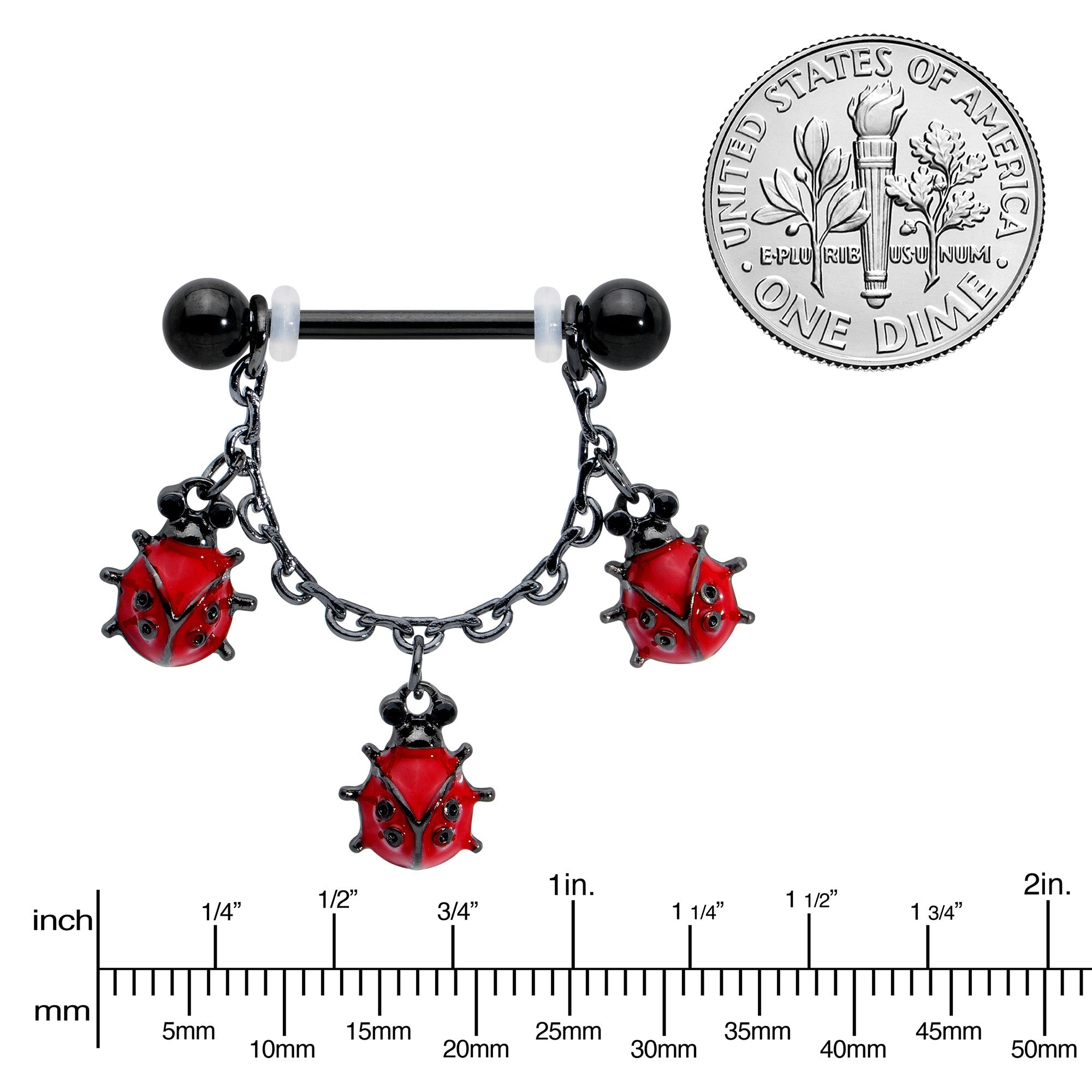 BodyCandy 14G 9/16 Black Classic Ladybug Dangle Nipple Ring Set — lifestyle context