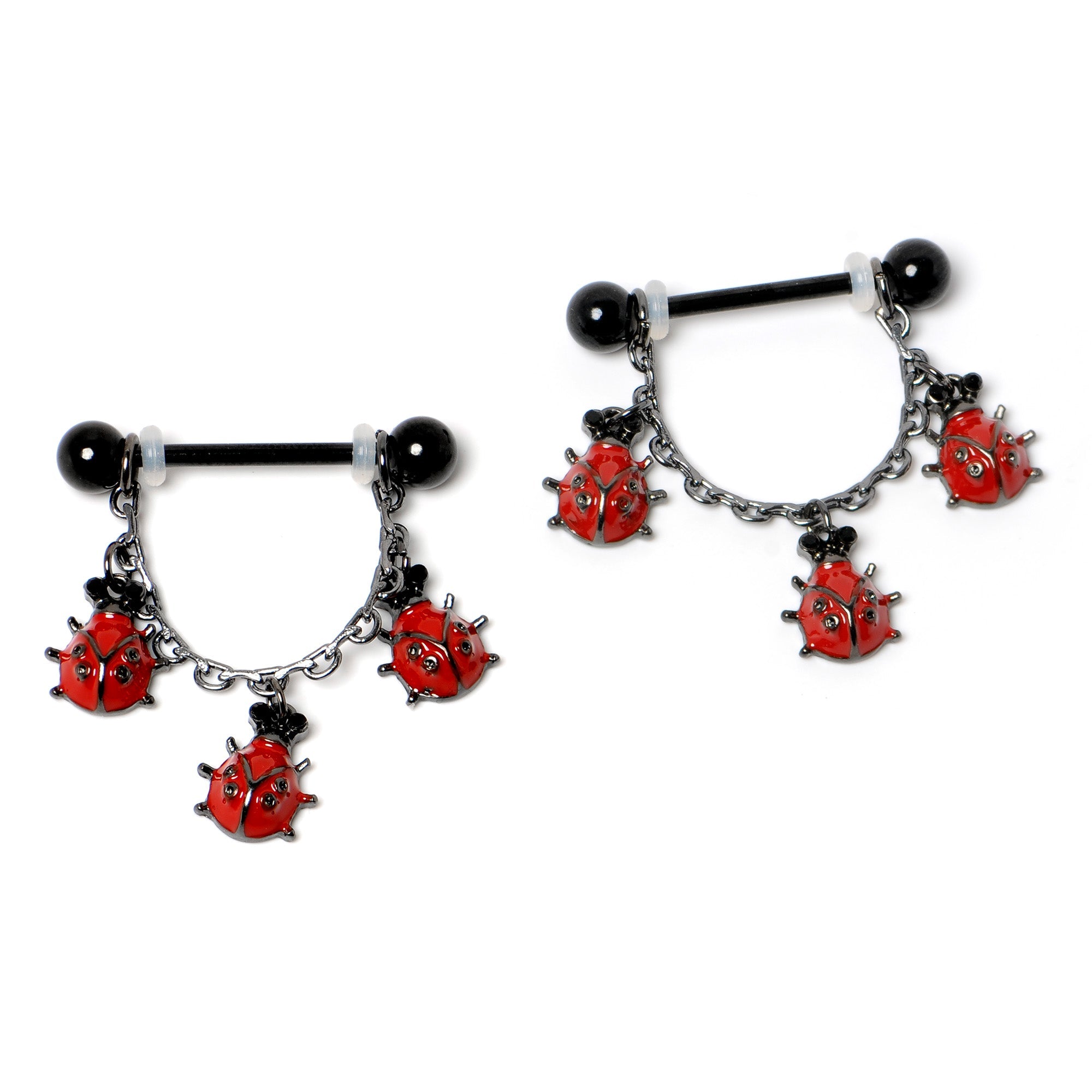 BodyCandy 14G 9/16 Black Classic Ladybug Dangle Nipple Ring Set — side view