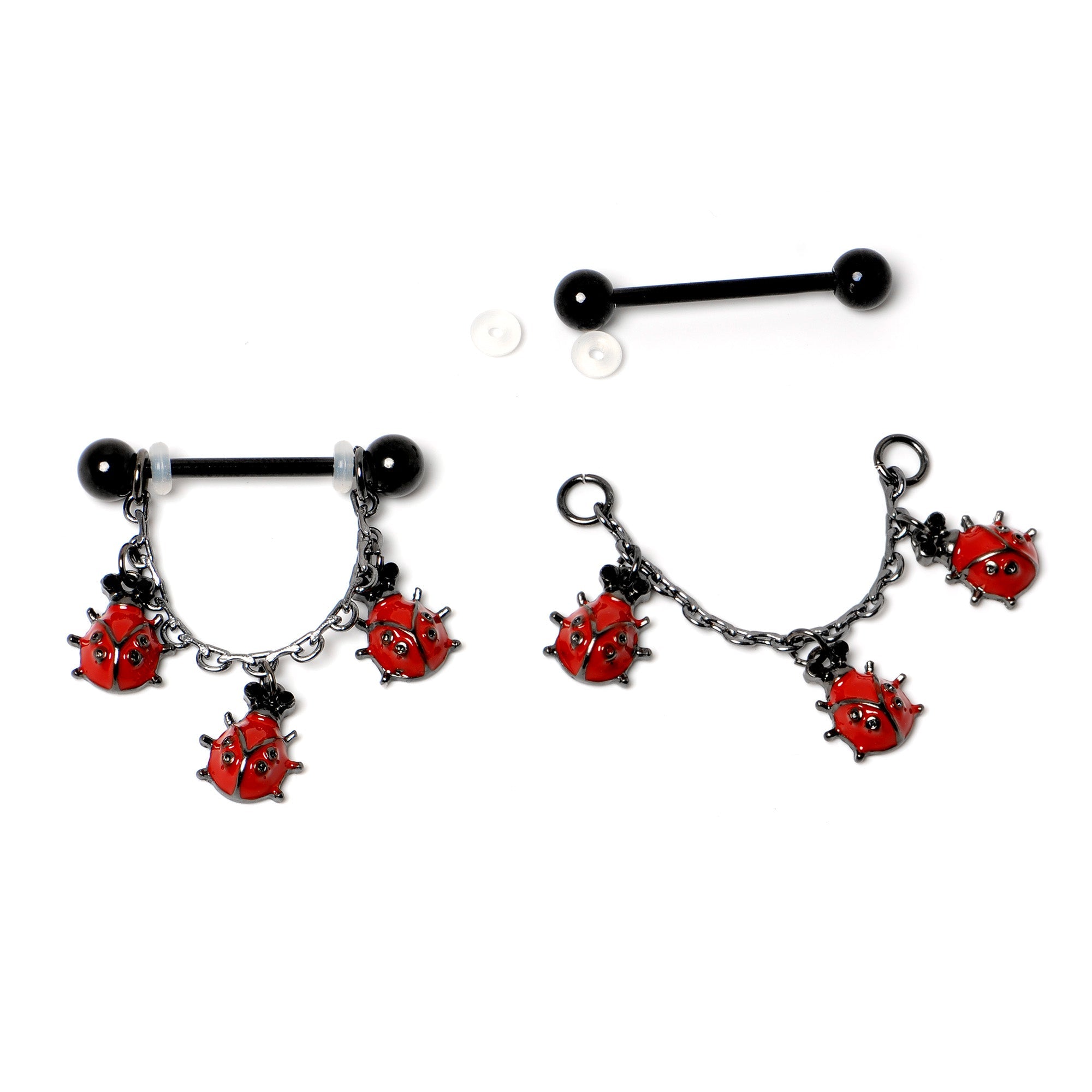 BodyCandy 14G 9/16 Black Classic Ladybug Dangle Nipple Ring Set — back view