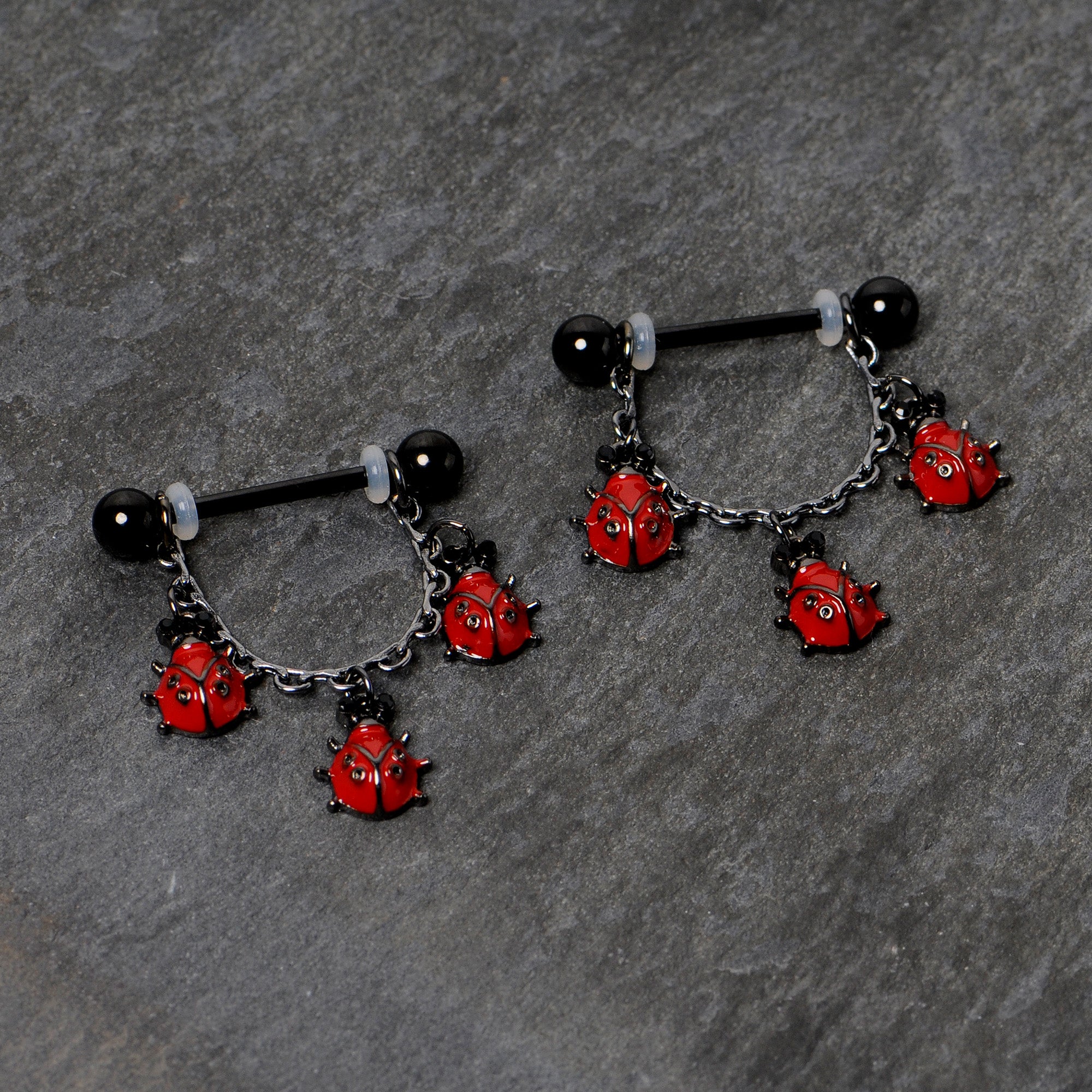 BodyCandy 14G 9/16 Black Classic Ladybug Dangle Nipple Ring Set — alternative angle