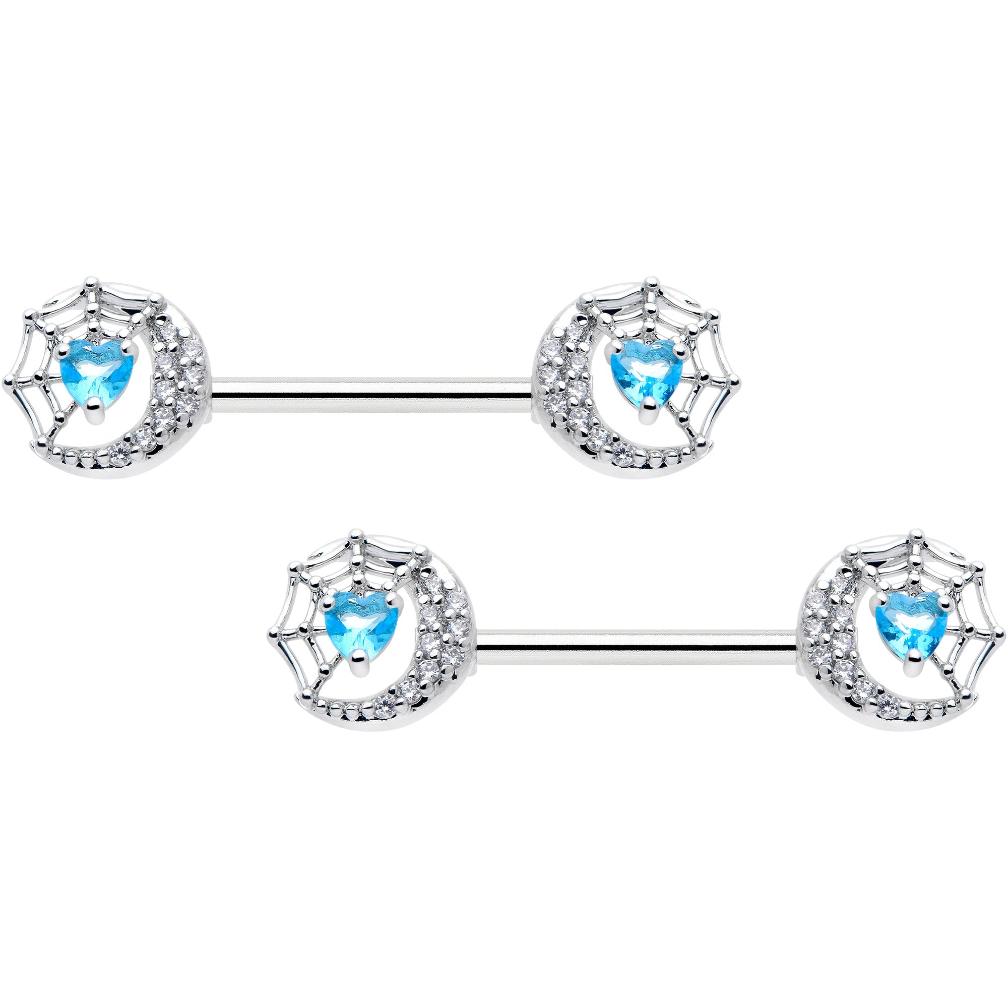 BodyCandy 14G 9/16 Blue CZ Gem Heart Web Moon Barbell Nipple Ring Set — main product shot