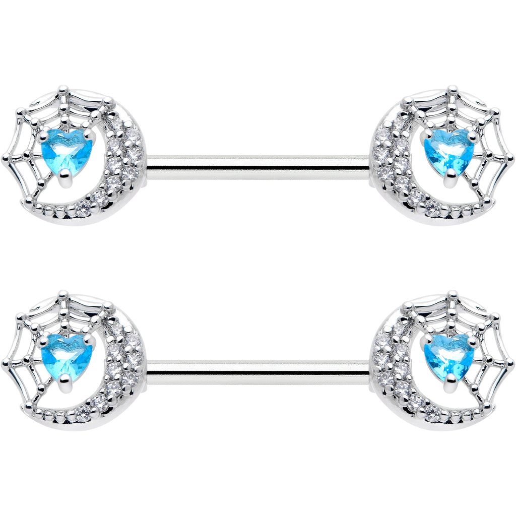 BodyCandy 14G 9/16 Blue CZ Gem Heart Web Moon Barbell Nipple Ring Set — detail close-up