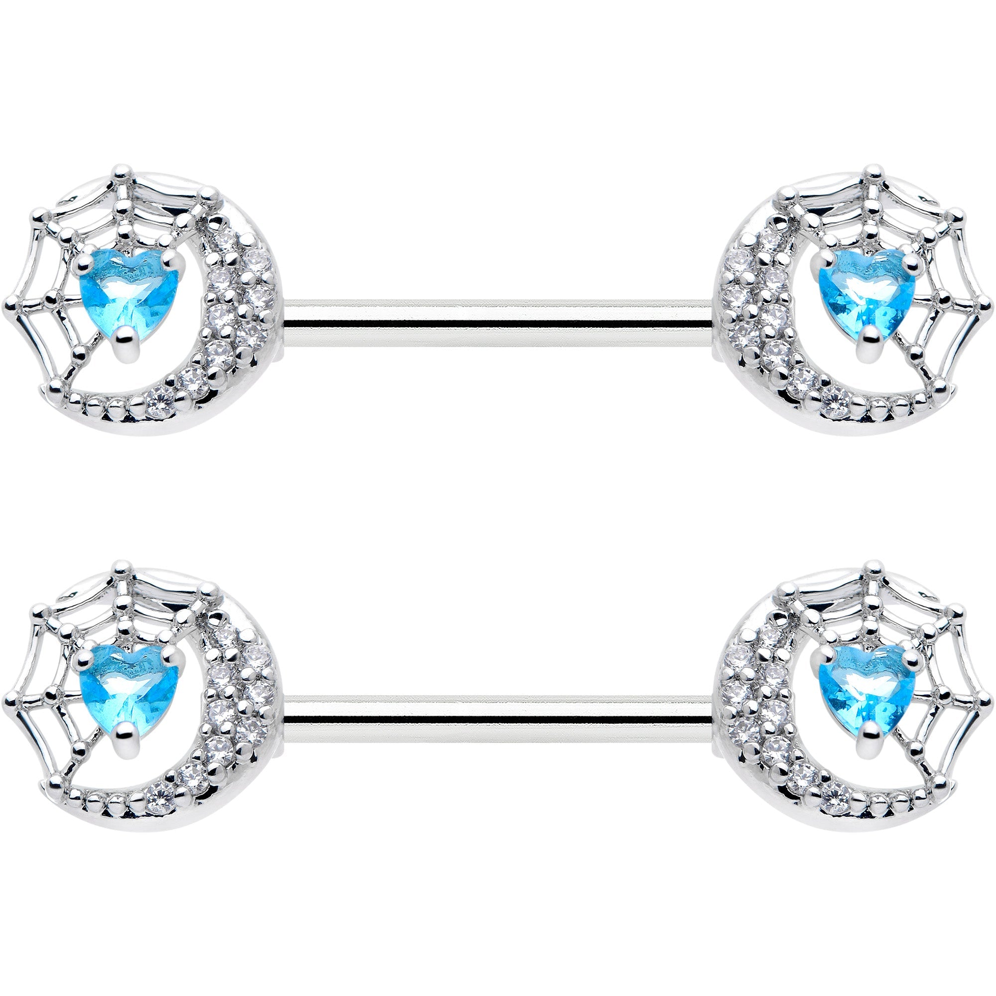 BodyCandy 14G 9/16 Blue CZ Gem Heart Web Moon Barbell Nipple Ring Set — detail close-up