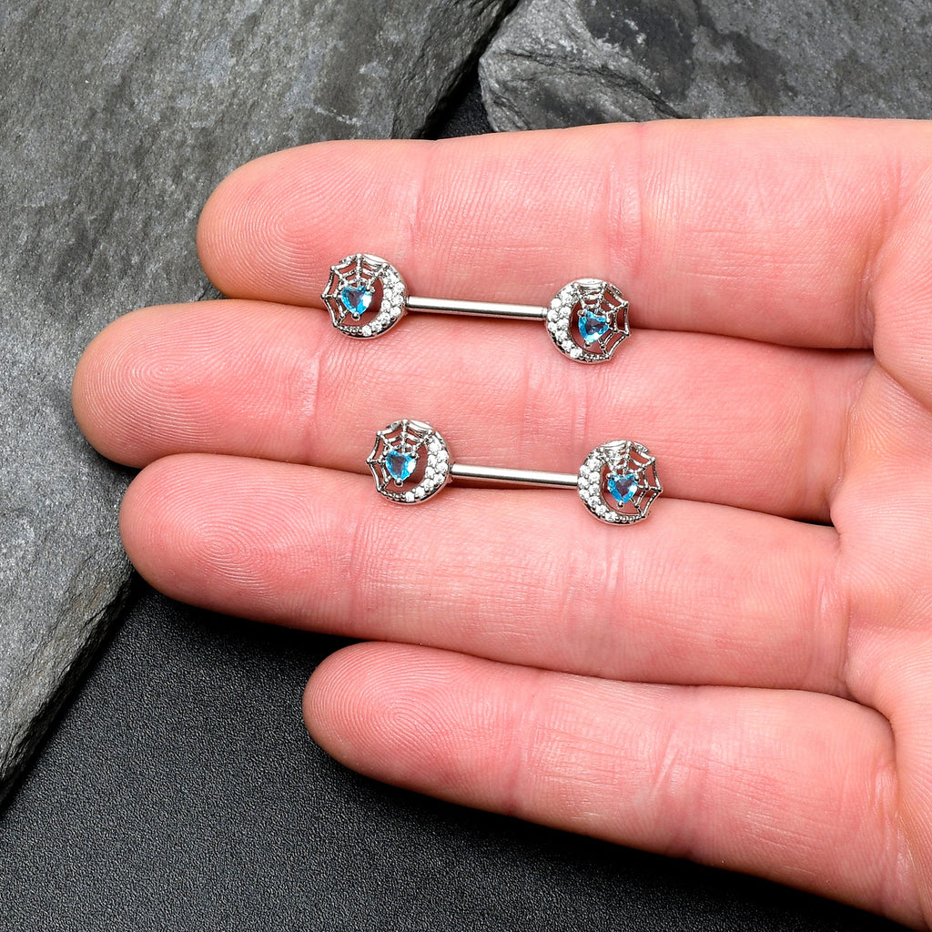 BodyCandy 14G 9/16 Blue CZ Gem Heart Web Moon Barbell Nipple Ring Set — lifestyle context