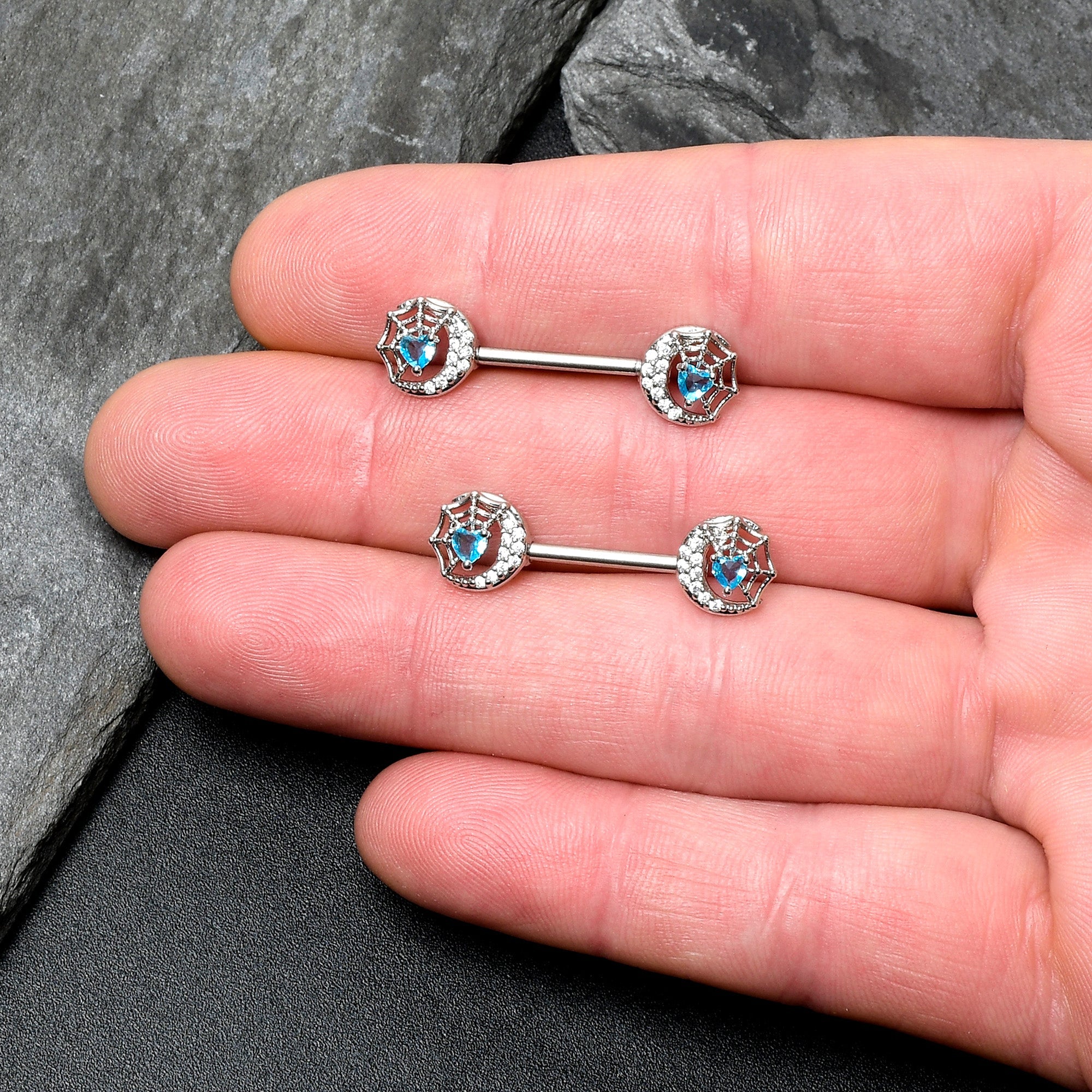 BodyCandy 14G 9/16 Blue CZ Gem Heart Web Moon Barbell Nipple Ring Set — lifestyle context